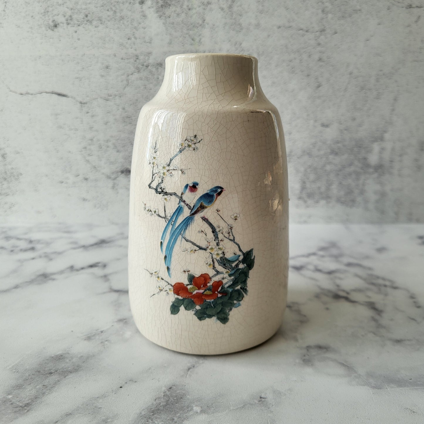 Ceramic Crazed Hand Painted Birds and Flowers Pottery Vase