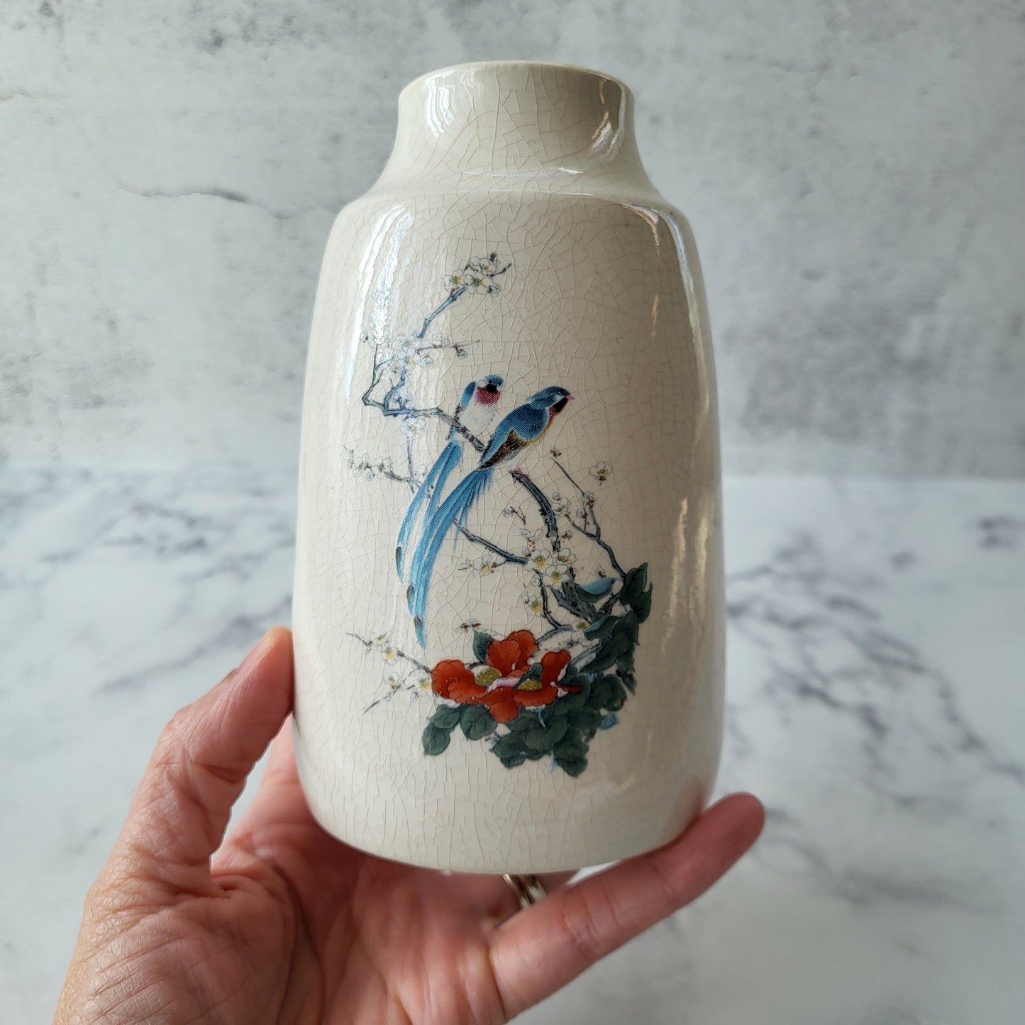 Ceramic Crazed Hand Painted Birds and Flowers Pottery Vase