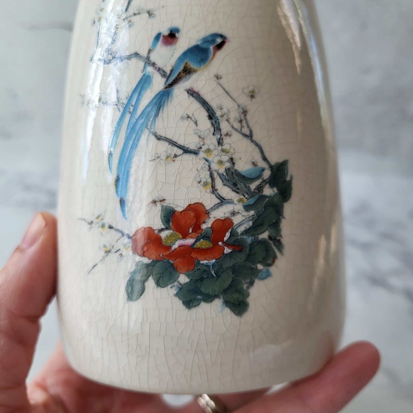 Ceramic Crazed Hand Painted Birds and Flowers Pottery Vase