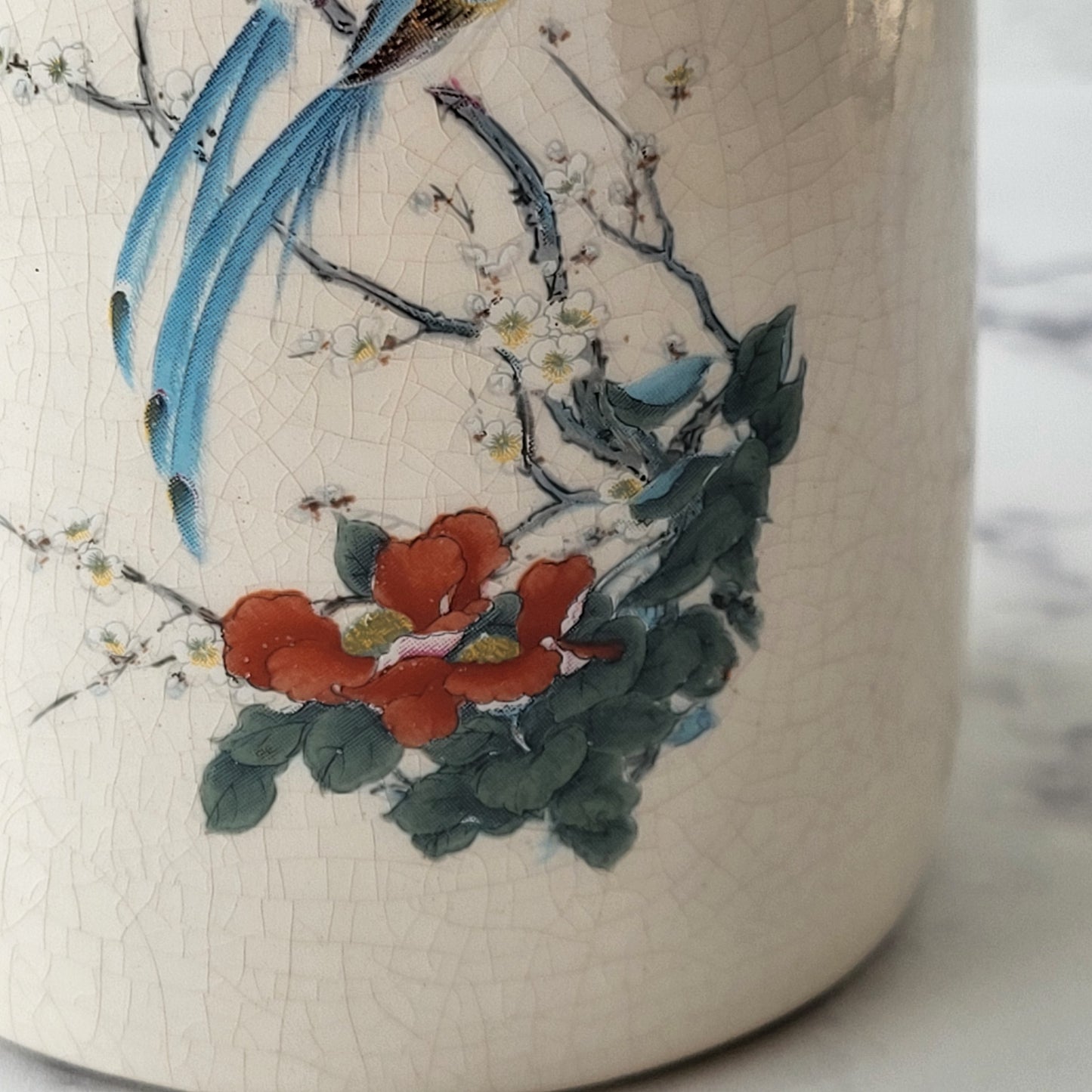 Ceramic Crazed Hand Painted Birds and Flowers Pottery Vase