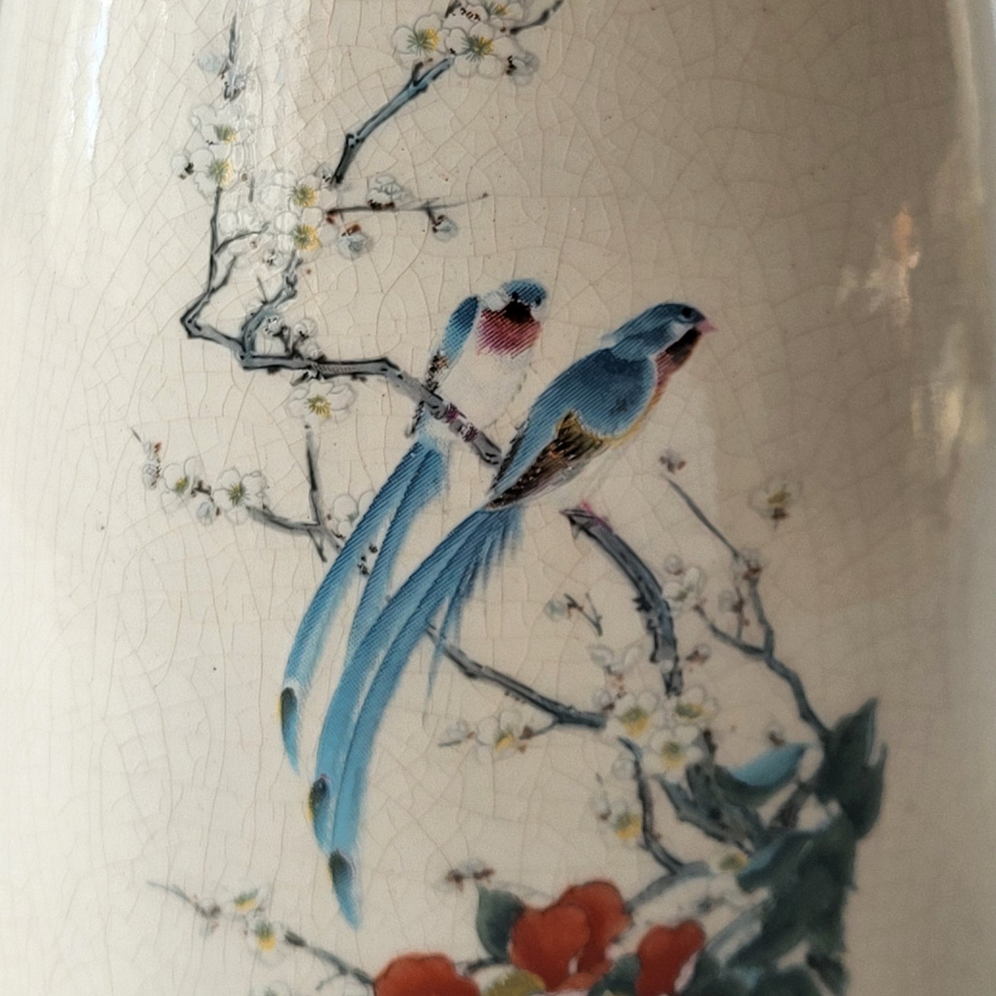 Ceramic Crazed Hand Painted Birds and Flowers Pottery Vase