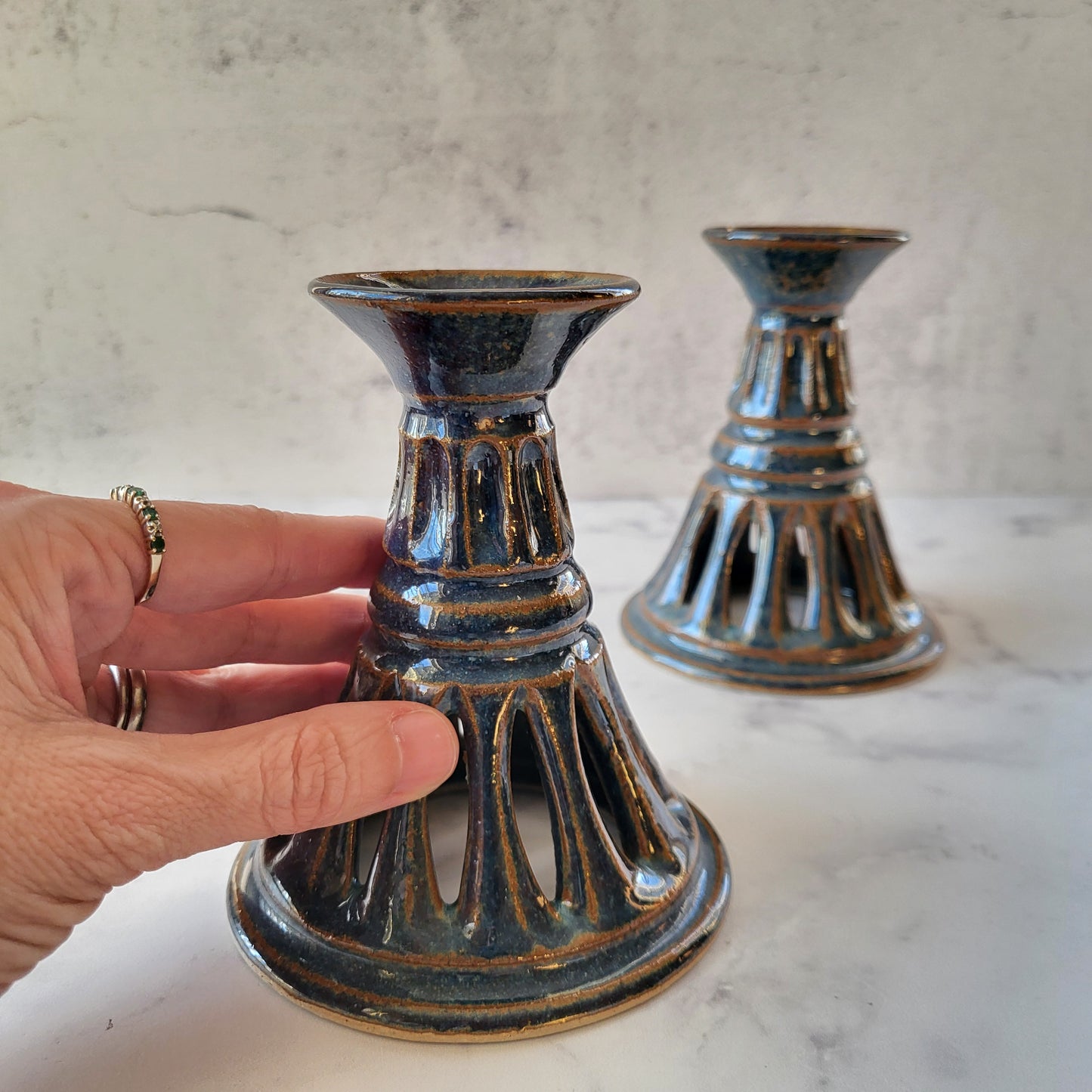 Studio Pottery Artist Marked Candlestick Holders (Set of 2)