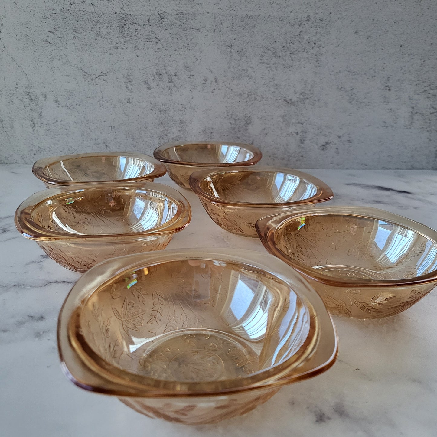 Jeannette Glass Floragold Louisa Marigold Iridescent Dessert Bowls (Set of 6)