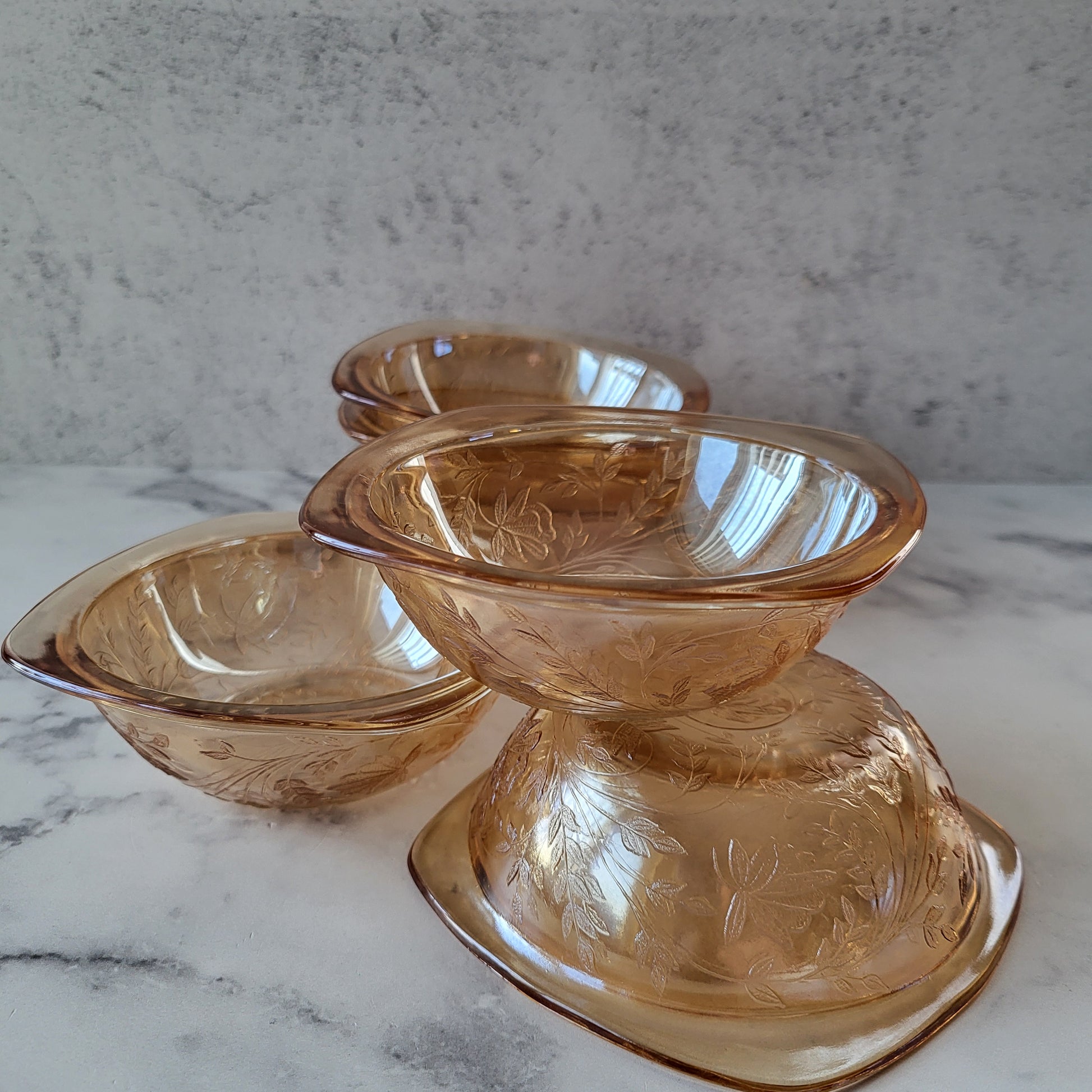 Jeannette Glass Floragold Louisa Marigold Iridescent Dessert Bowls