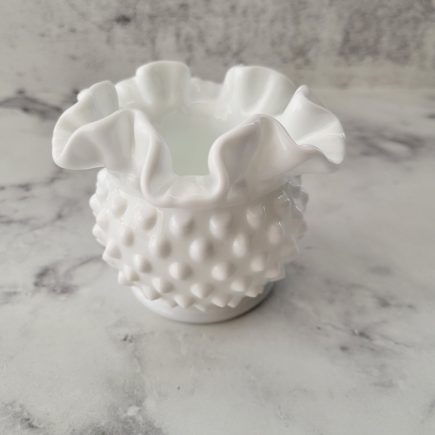 Mini Milk Glass Hobnail Crimped Ruffle Edge Vase