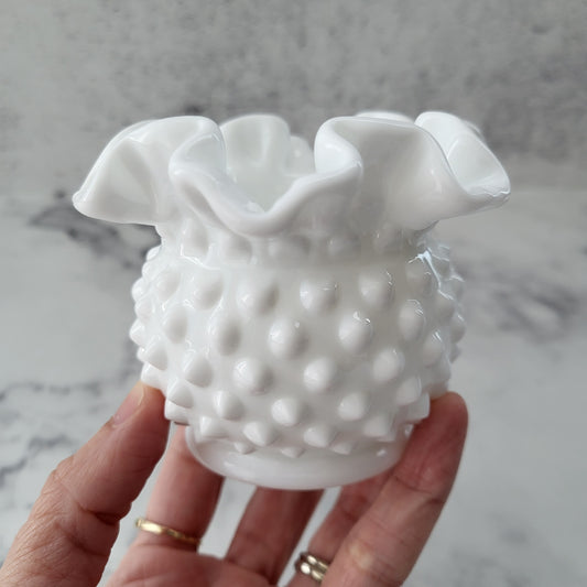 Mini Milk Glass Hobnail Crimped Ruffle Edge Vase