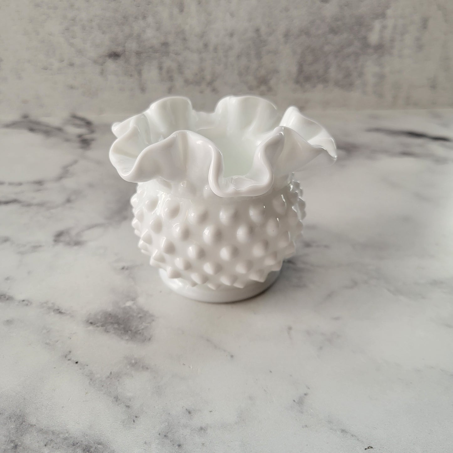 Mini Milk Glass Hobnail Crimped Ruffle Edge Vase