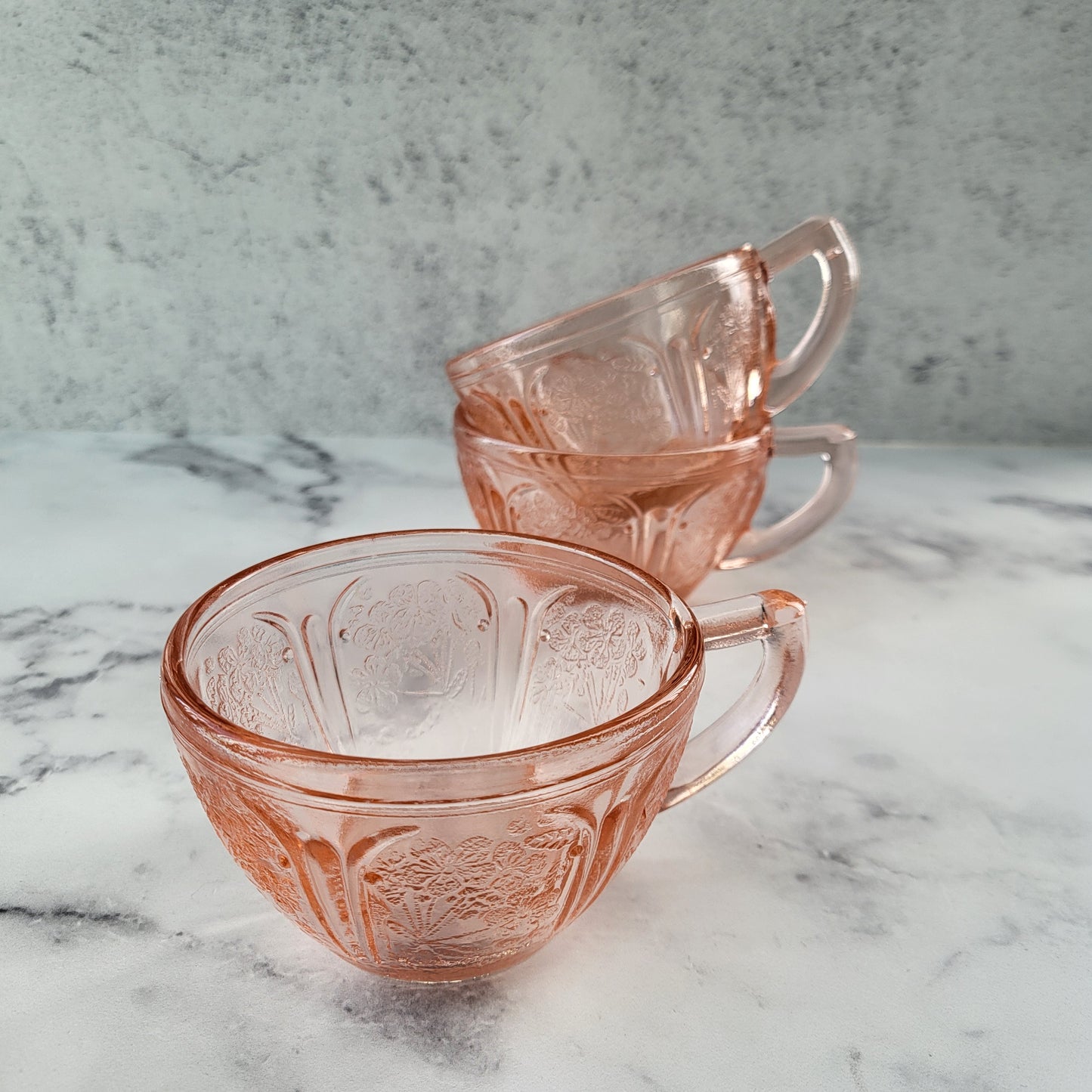 Jeanette Cherry Blossom Pink Depression Glass Tea or Coffee Cups Set of 3