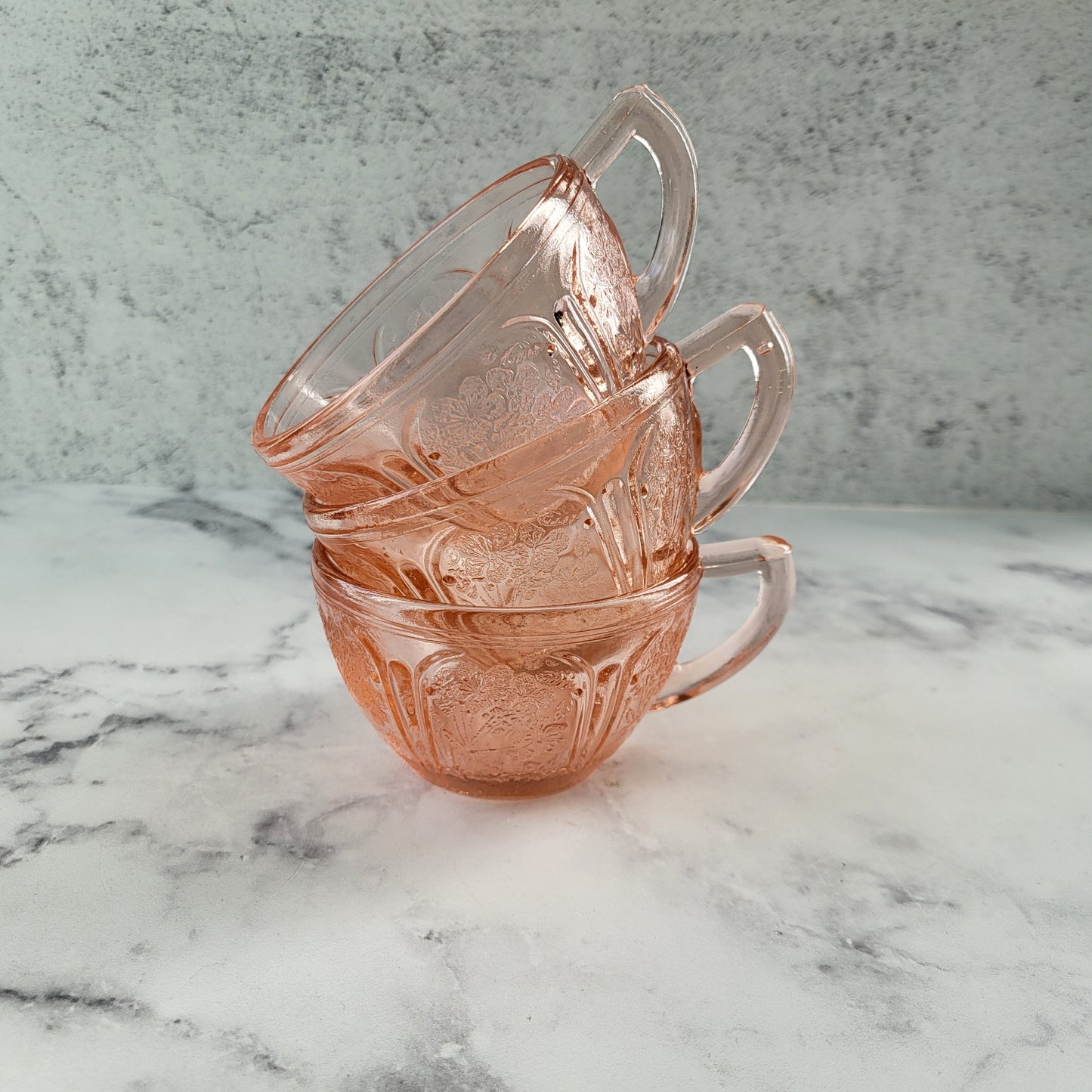 Jeanette Cherry Blossom Pink Depression Glass Tea or Coffee Cups Set of 3