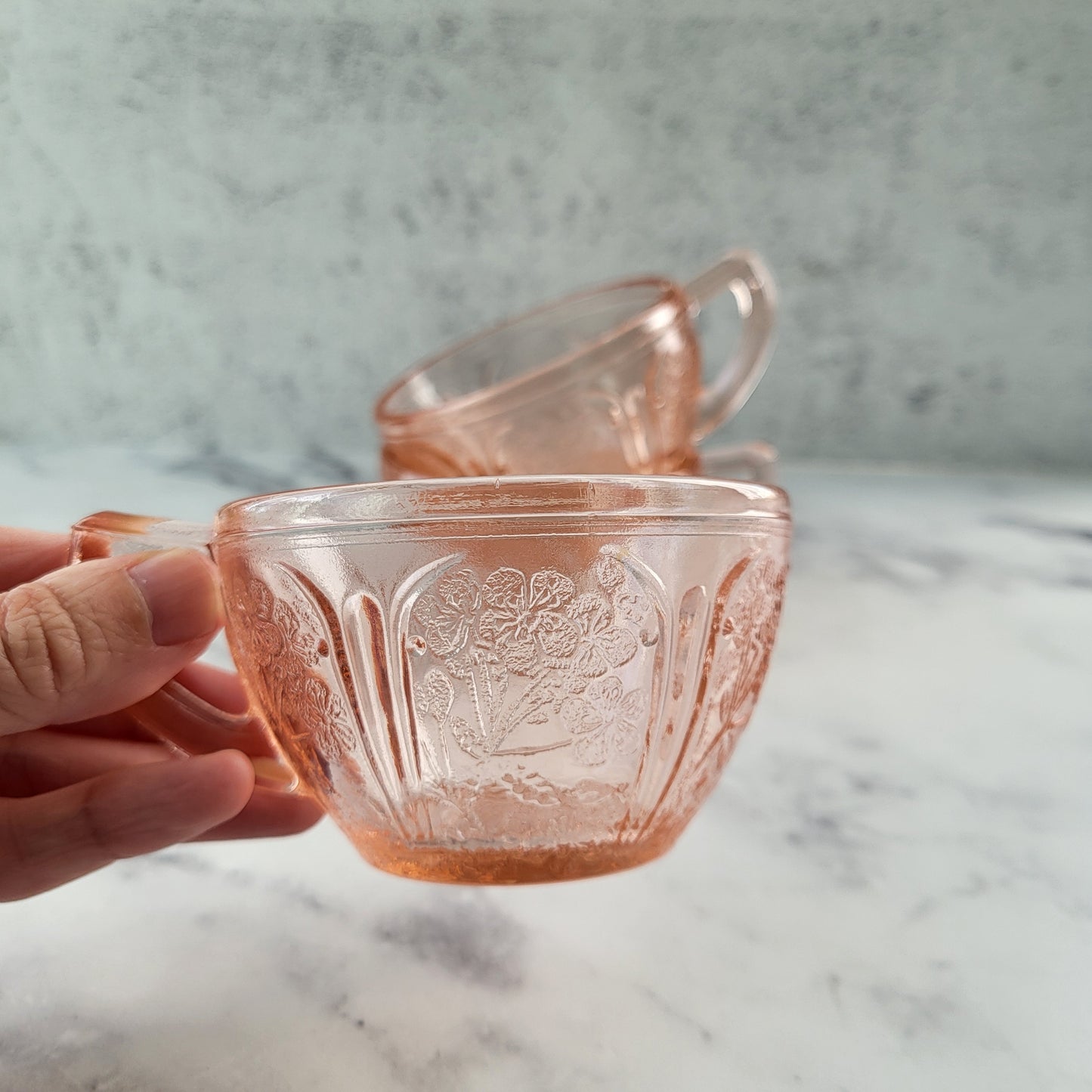 Jeanette Cherry Blossom Pink Depression Glass Tea or Coffee Cups Set of 3