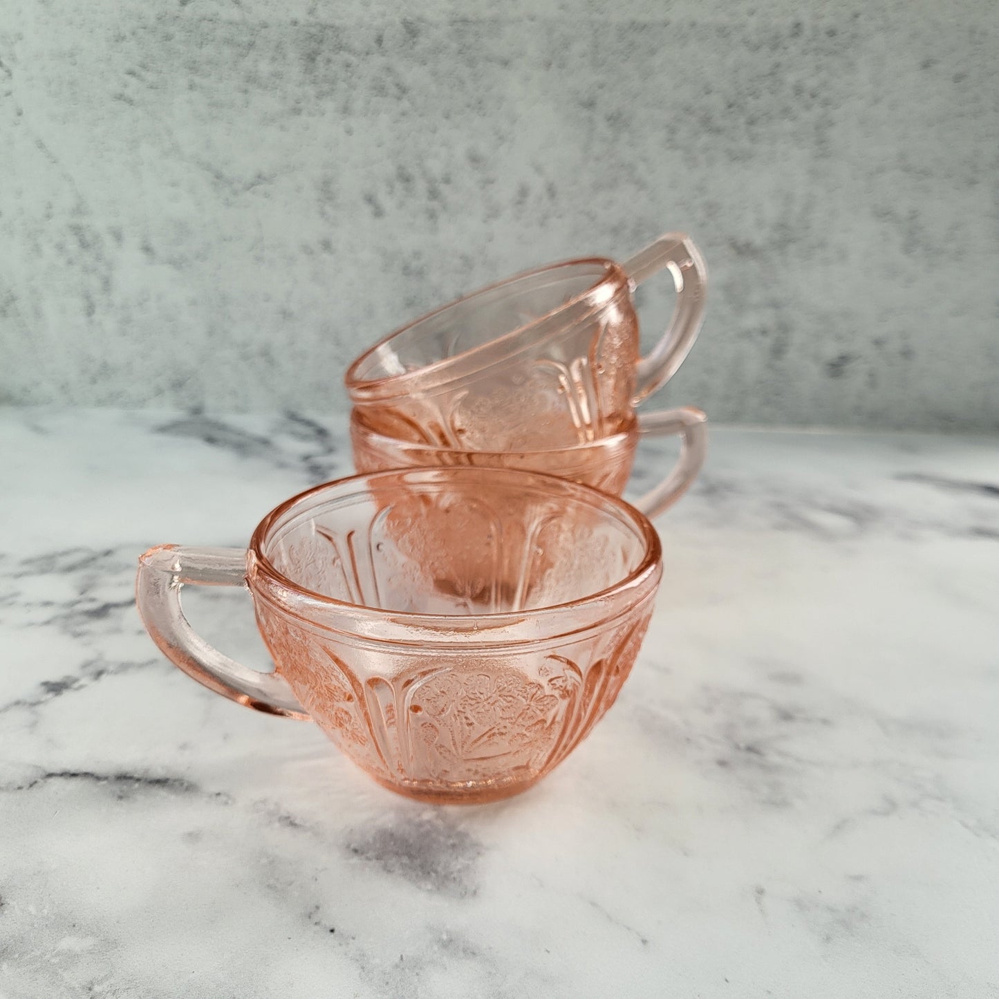 Jeanette Cherry Blossom Pink Depression Glass Tea or Coffee Cups Set of 3