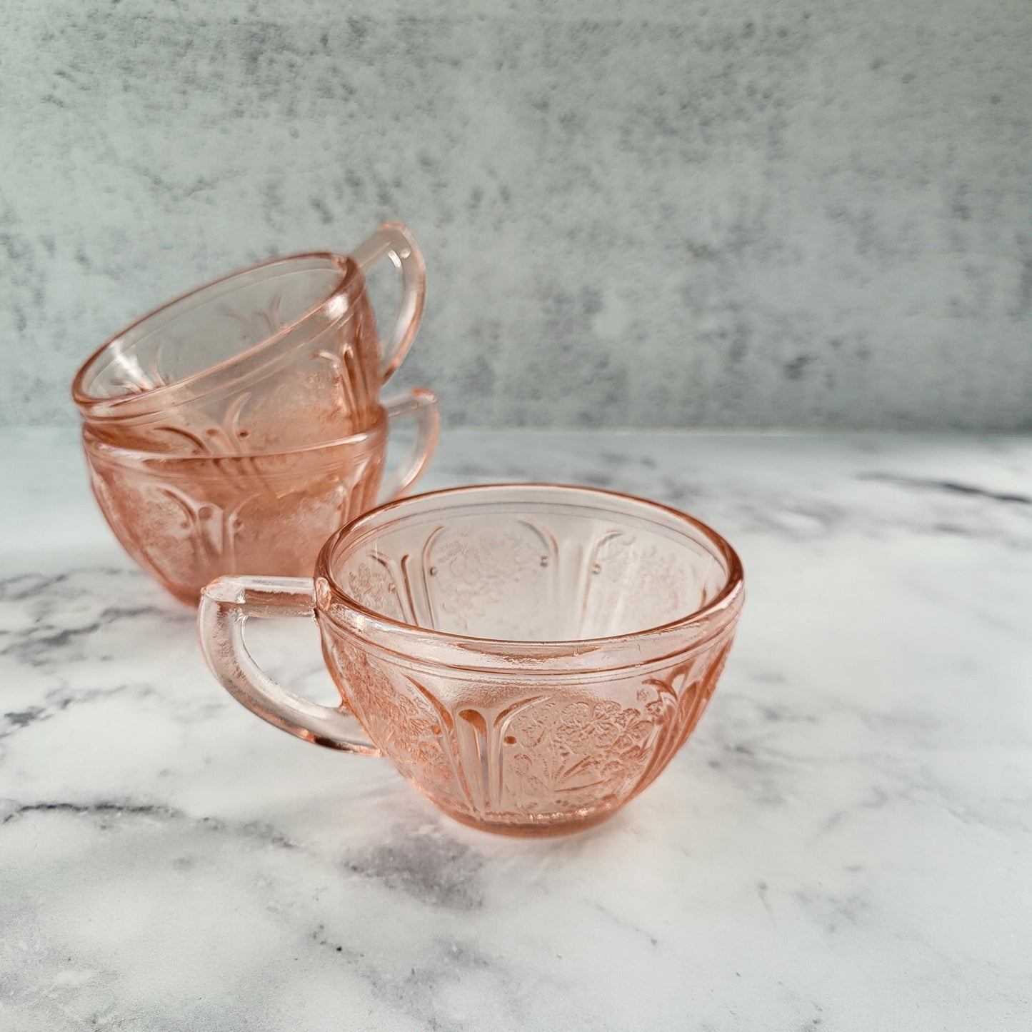 Jeanette Cherry Blossom Pink Depression Glass Tea or Coffee Cups Set of 3