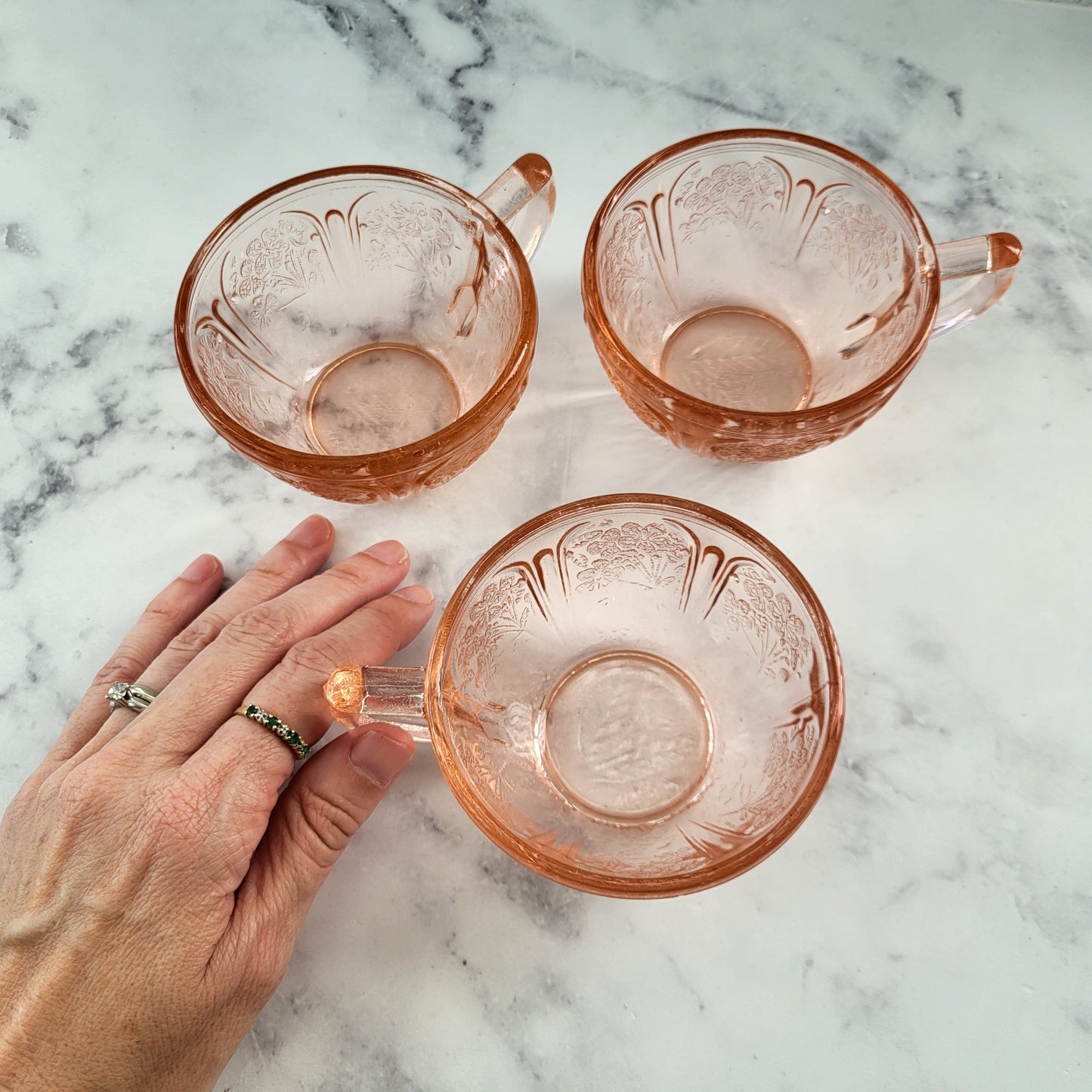 Jeanette Cherry Blossom Pink Depression Glass Tea or Coffee Cups Set of 3