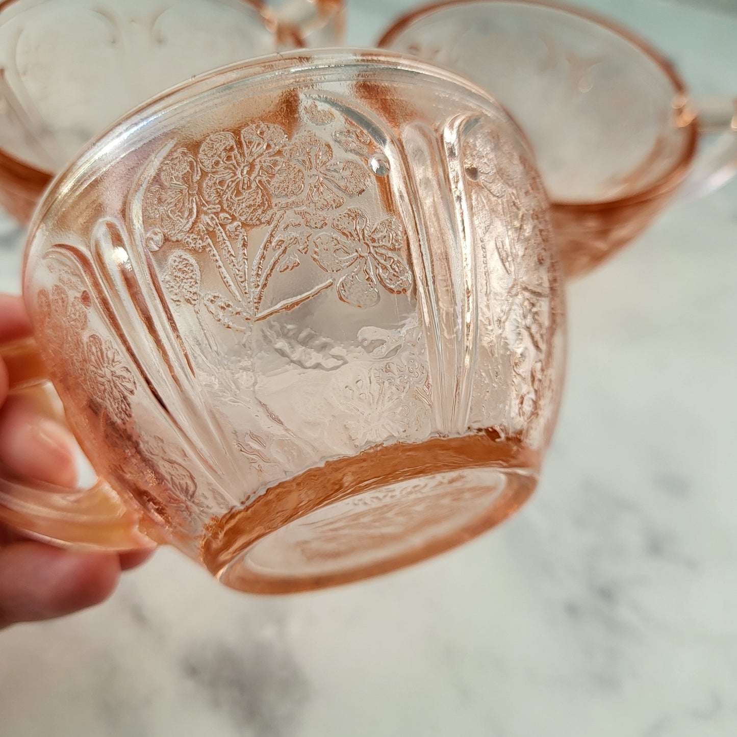 Jeanette Cherry Blossom Pink Depression Glass Tea or Coffee Cups Set of 3