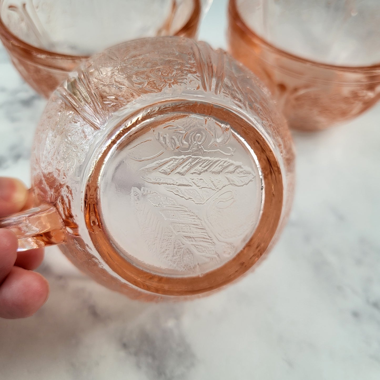 Jeanette Cherry Blossom Pink Depression Glass Tea or Coffee Cups Set of 3