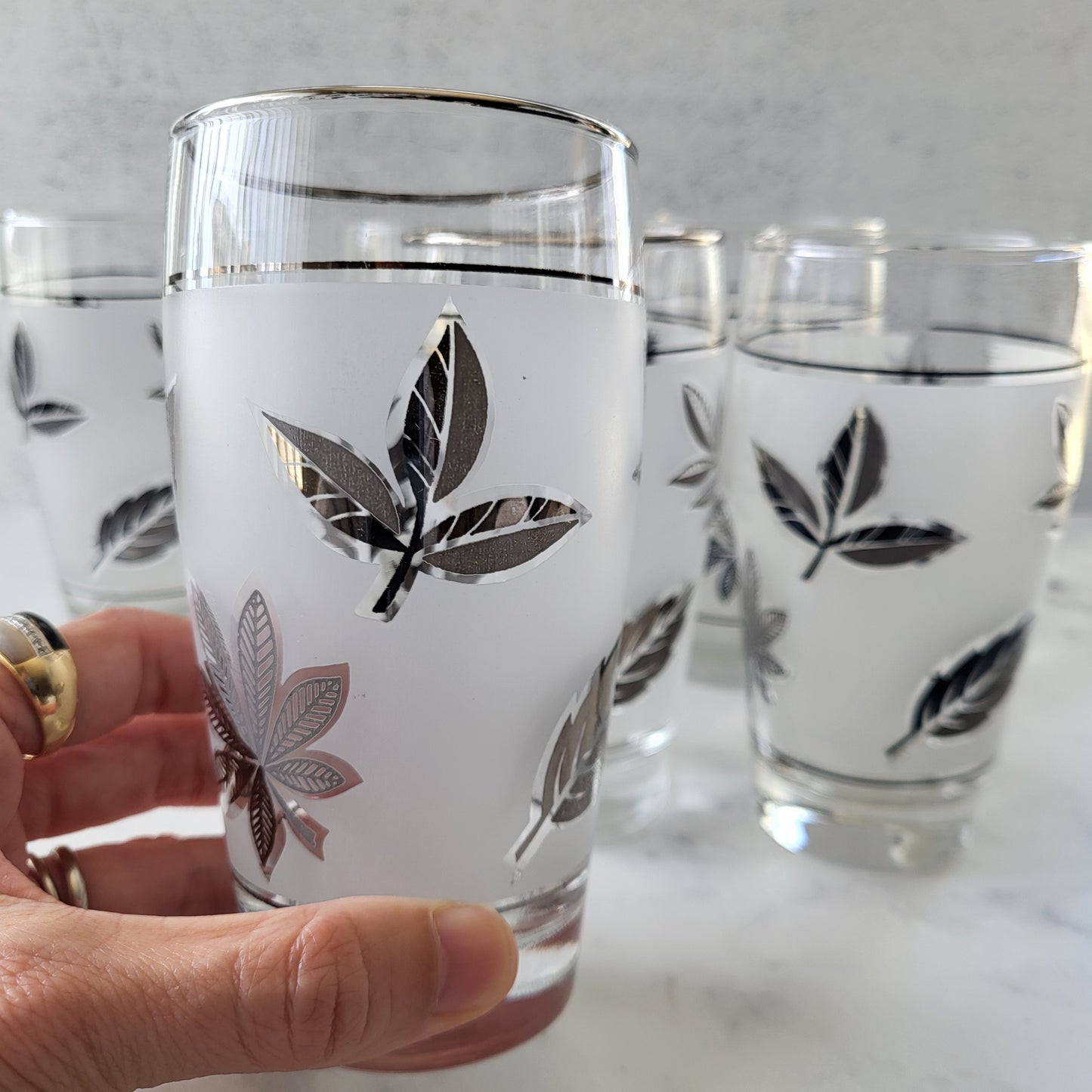 Mid-Century Modern Silver Leaf Frosted Glasses (Set of 6)