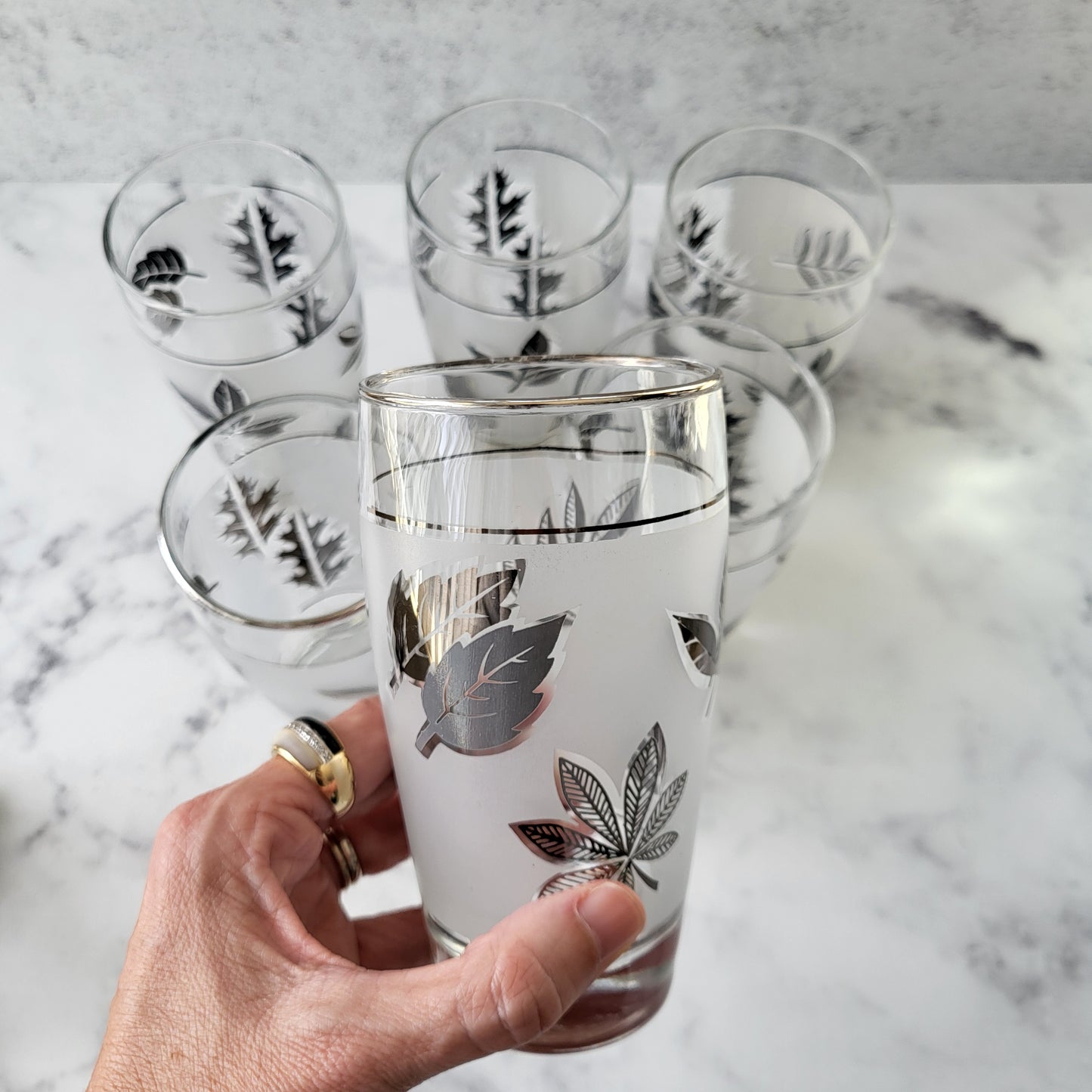 Mid-Century Modern Silver Leaf Frosted Glasses (Set of 6)