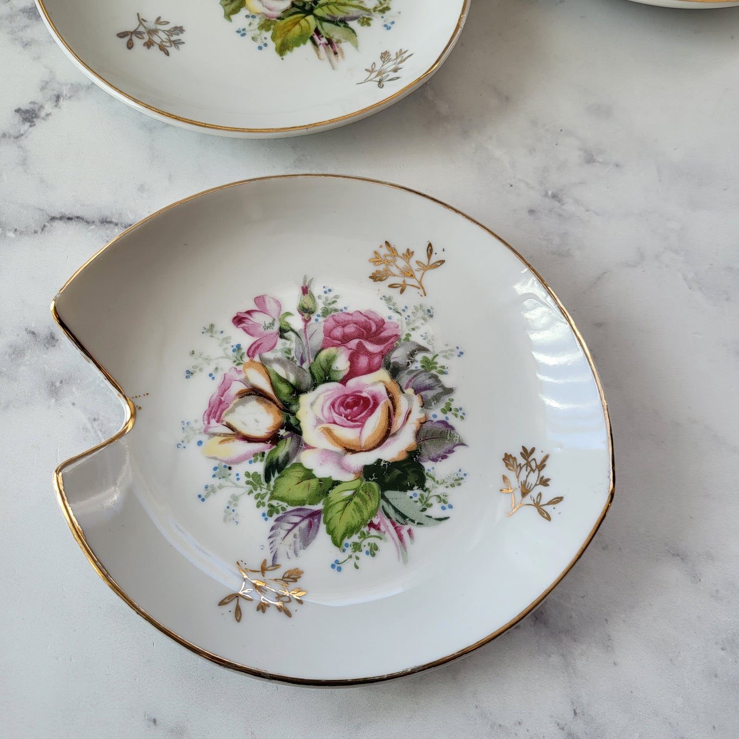 Hand-Painted Shabby Chic Pink & Gold Rose Dishes (Set of 3)
