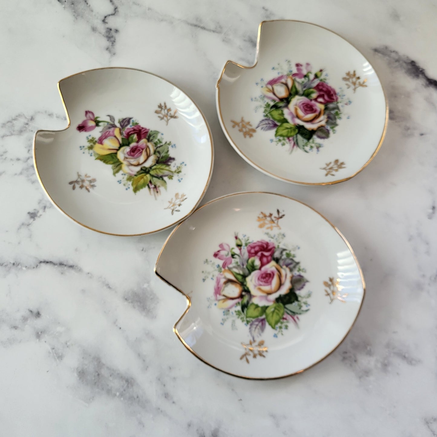 Hand-Painted Shabby Chic Pink & Gold Rose Dishes (Set of 3)