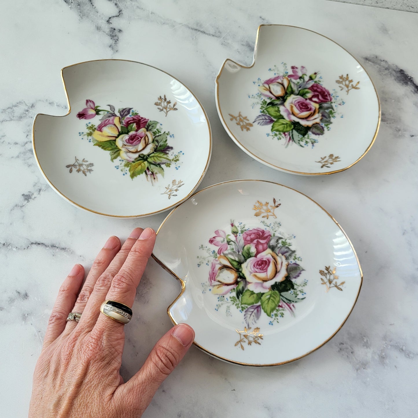 Hand-Painted Shabby Chic Pink & Gold Rose Dishes (Set of 3)