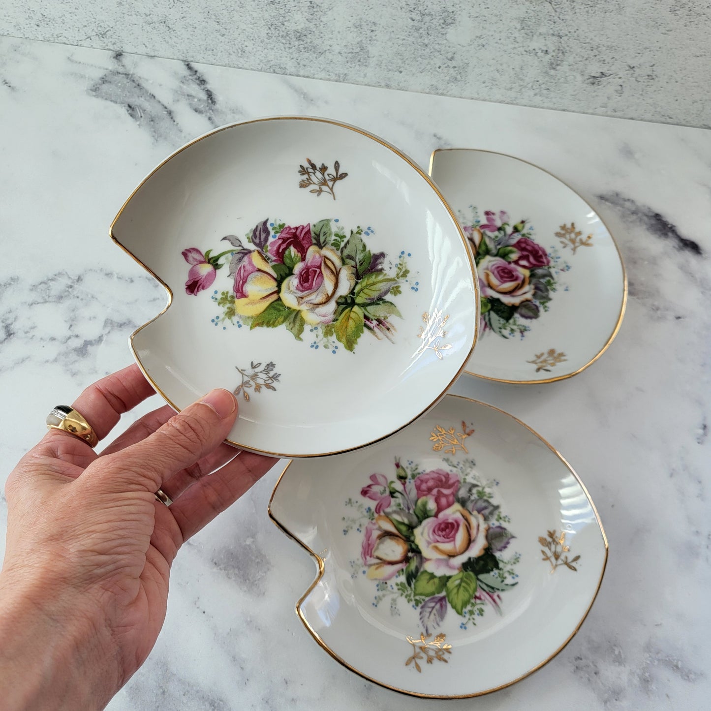Hand-Painted Shabby Chic Pink & Gold Rose Dishes (Set of 3)
