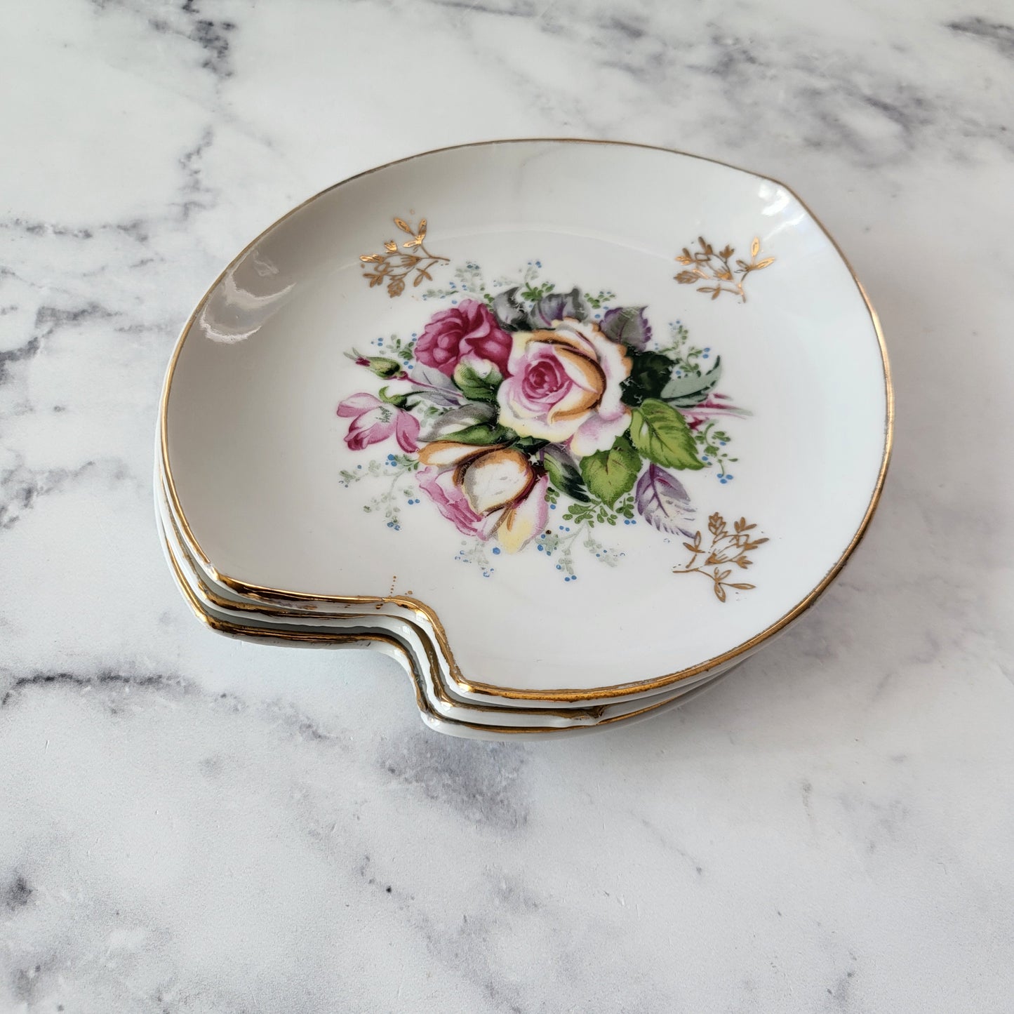 Hand-Painted Shabby Chic Pink & Gold Rose Dishes (Set of 3)