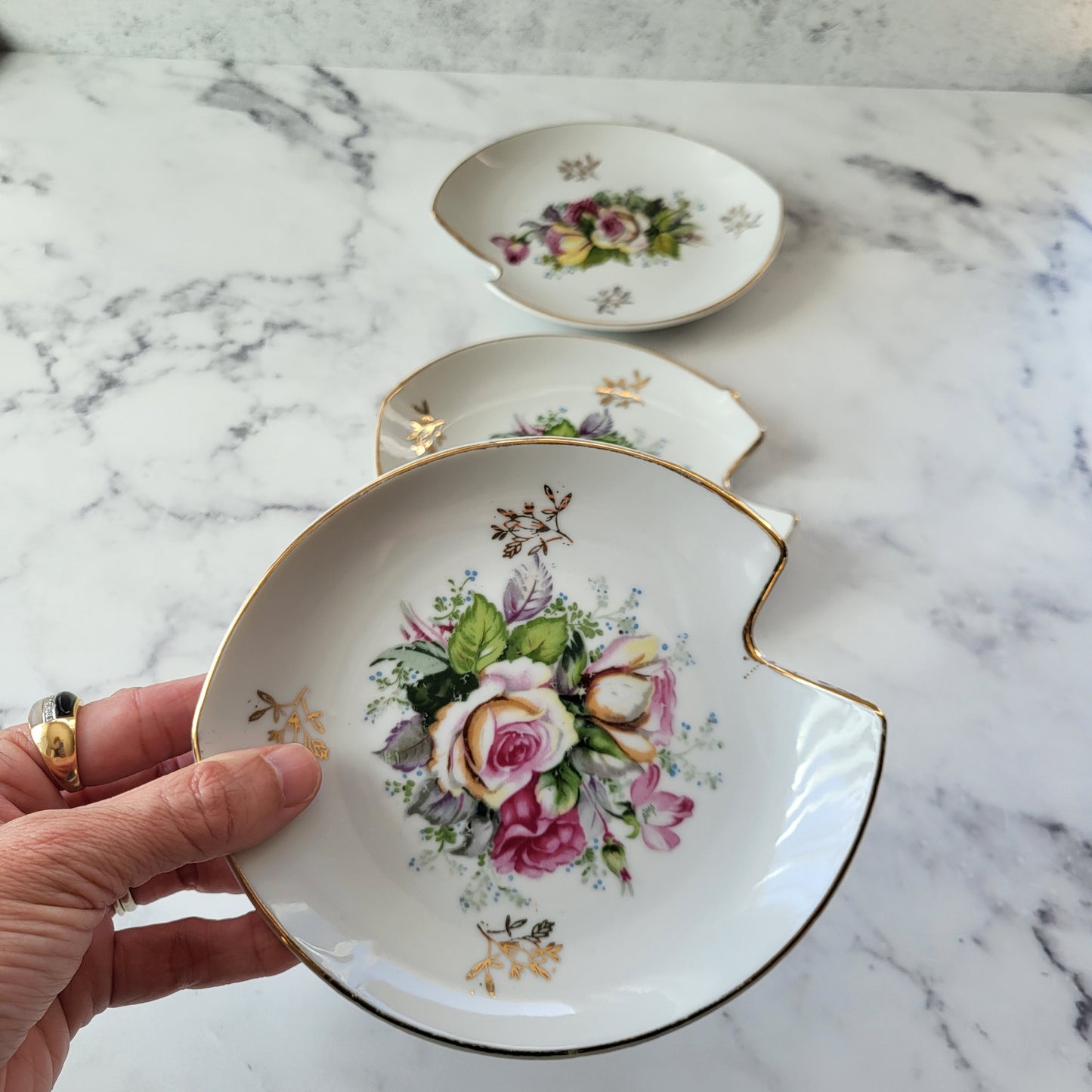 Hand-Painted Shabby Chic Pink & Gold Rose Dishes (Set of 3)