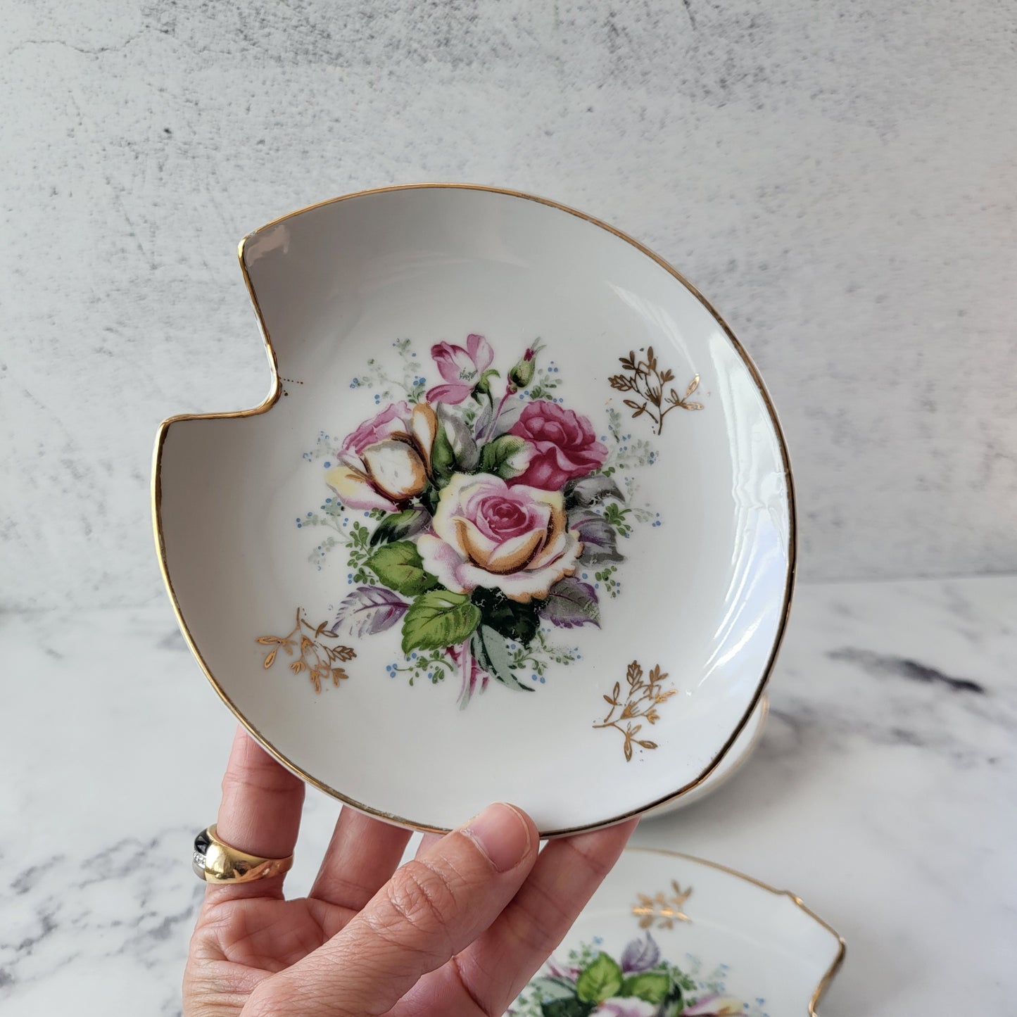 Hand-Painted Shabby Chic Pink & Gold Rose Dishes (Set of 3)