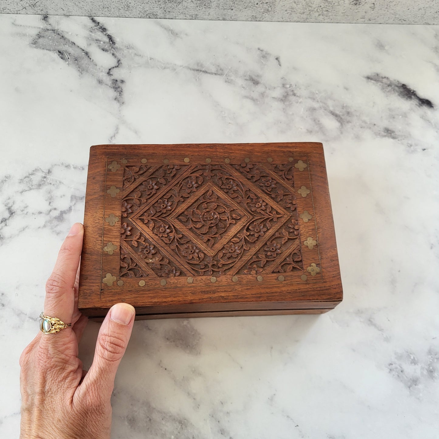 Hand Carved Rosewood Floral Trinket Box