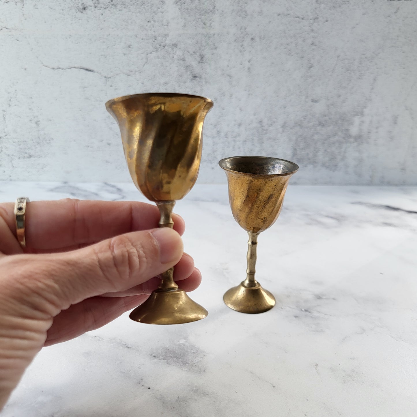 Small Aged Brass Wine Goblets (Set of 2)