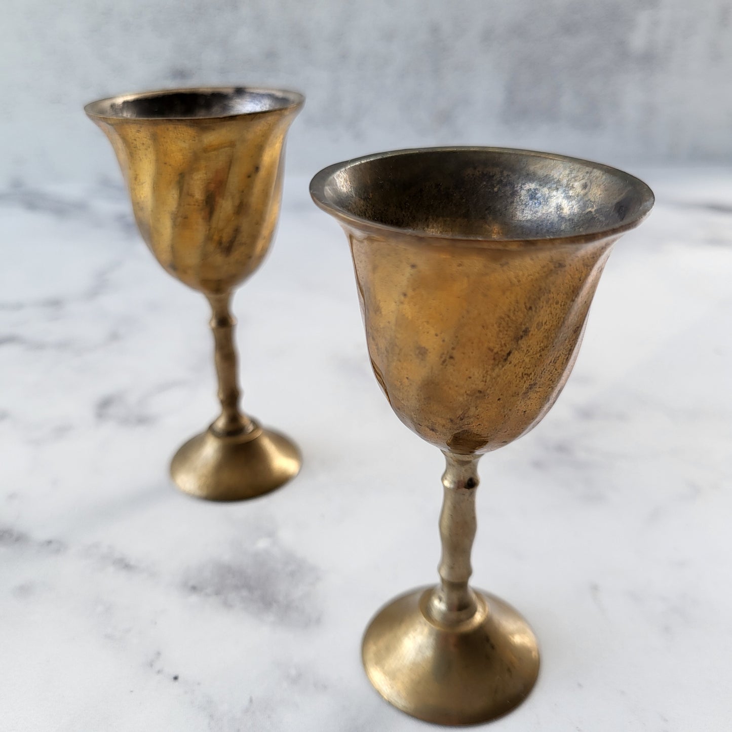 Small Aged Brass Wine Goblets (Set of 2)