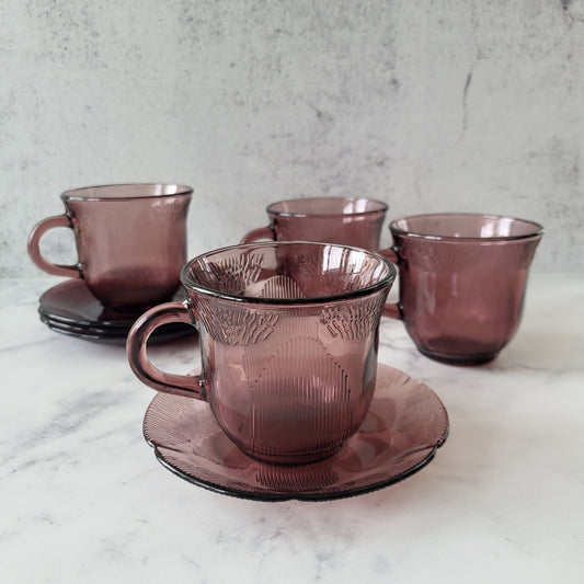 1960s Mexico Fortecrisa Amethyst Glass Cup & Saucer Set of 4