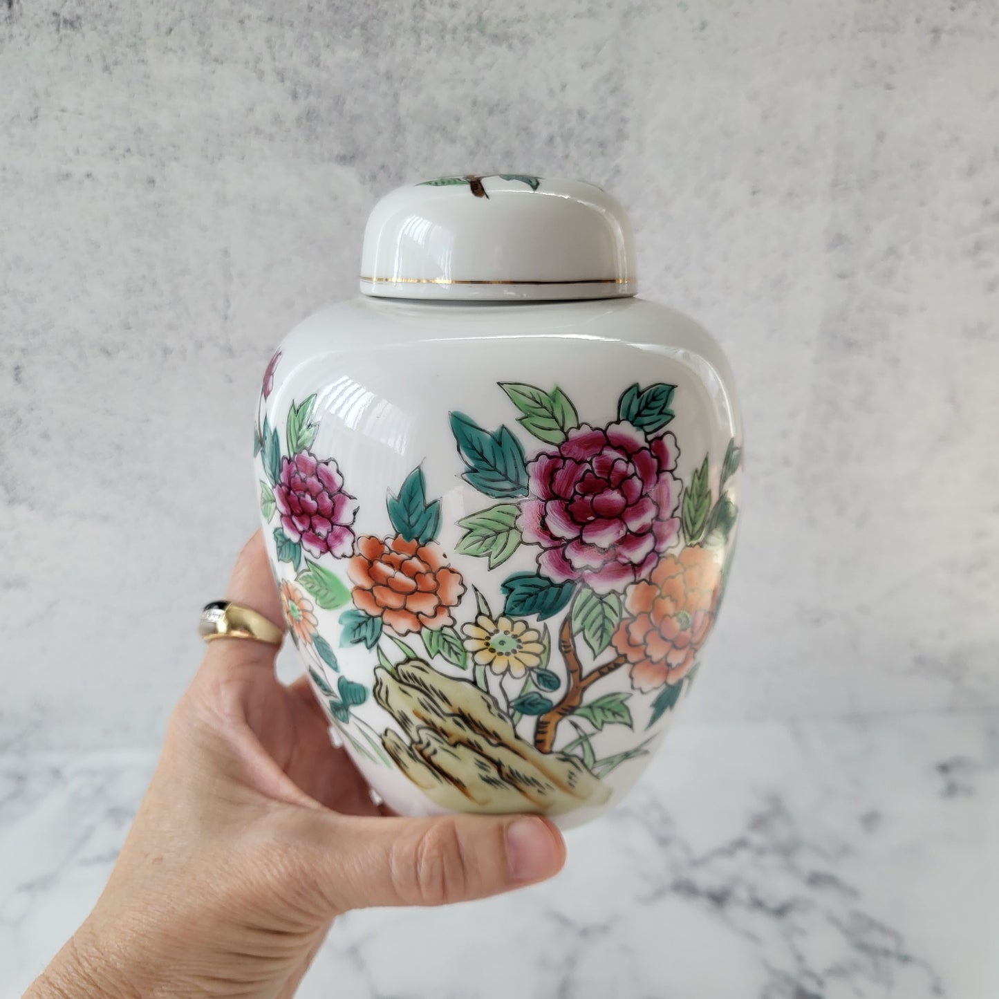 Japanese Floral Porcelain Ginger Jar with Lid