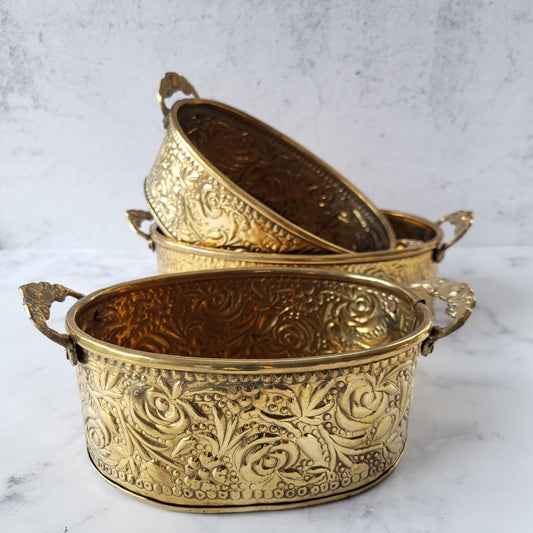 Ornate Boho Brass Floral Embossed Nesting Planters Set of 3