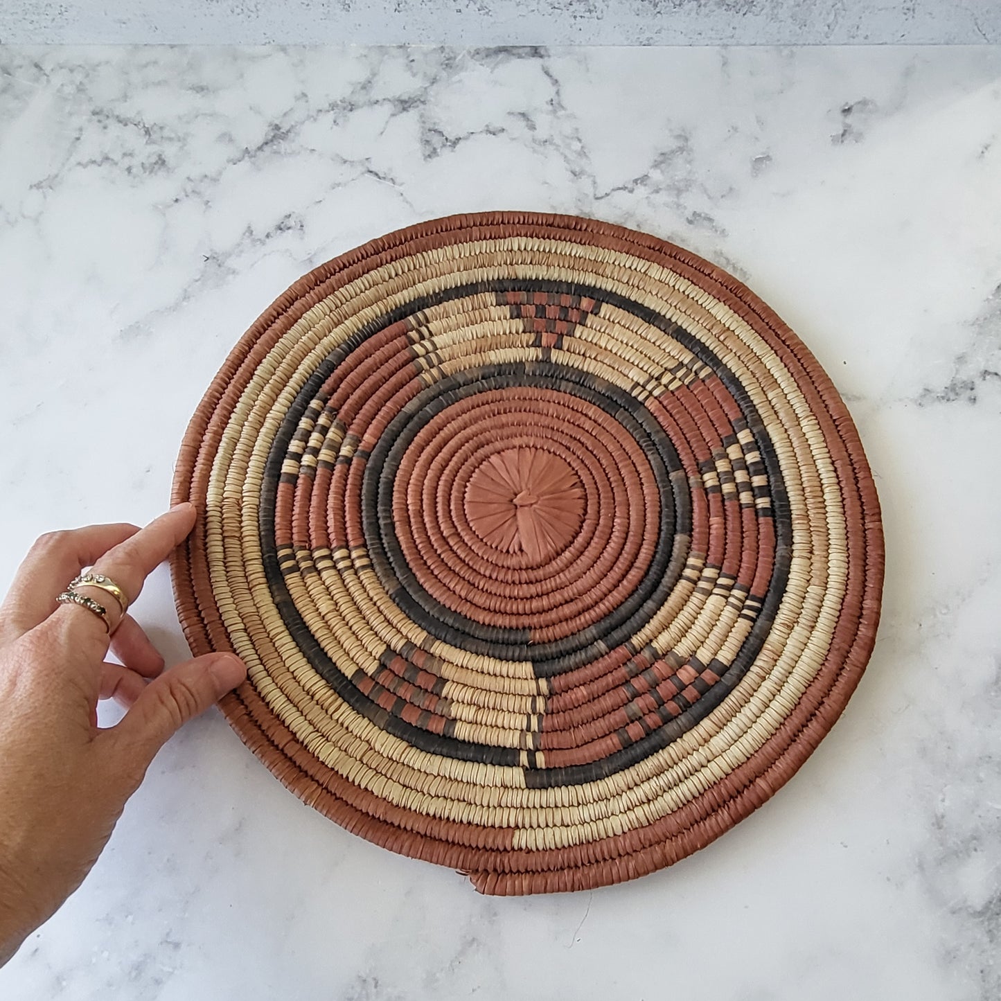 African Coiled Tribal Flat Basket – Handmade Wall Decor in Natural Earth Tones  – 11.5" Dia.
