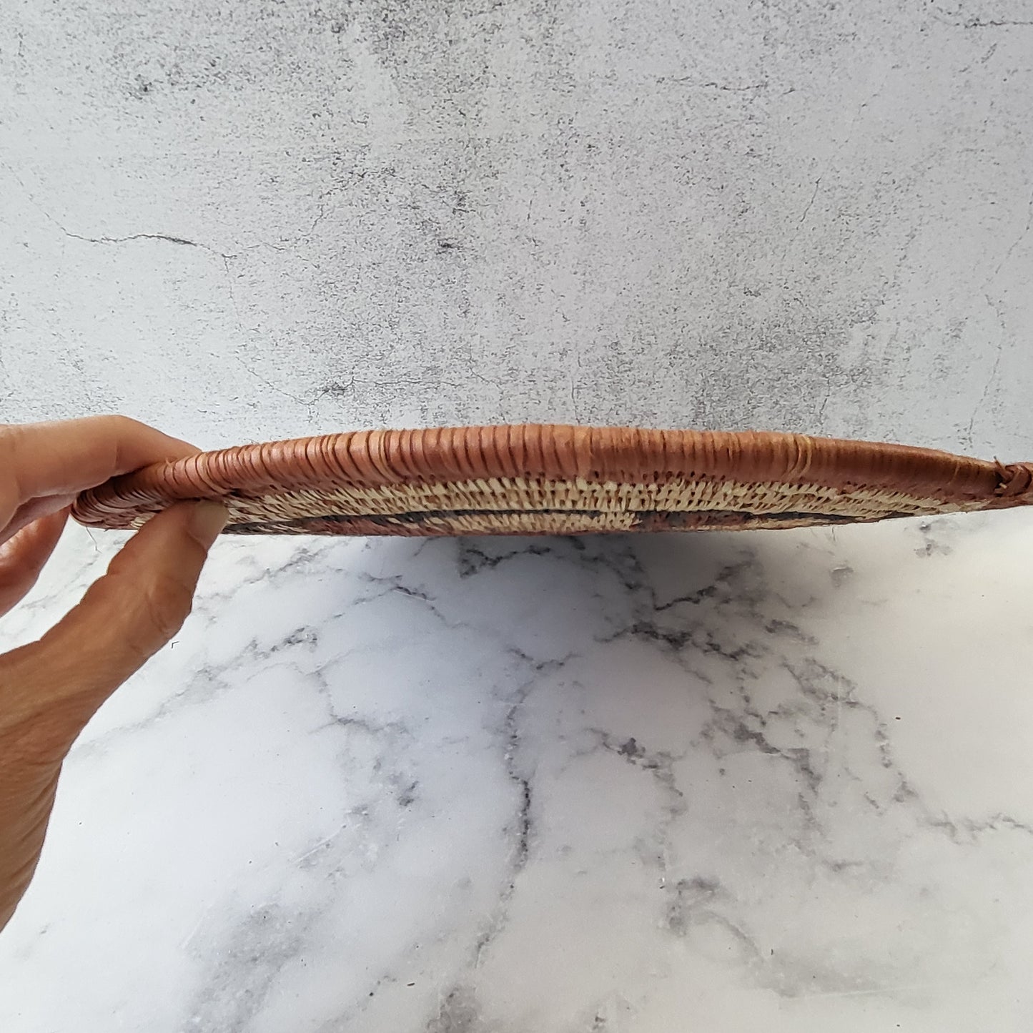 African Coiled Tribal Flat Basket – Handmade Wall Decor in Natural Earth Tones  – 11.5" Dia.