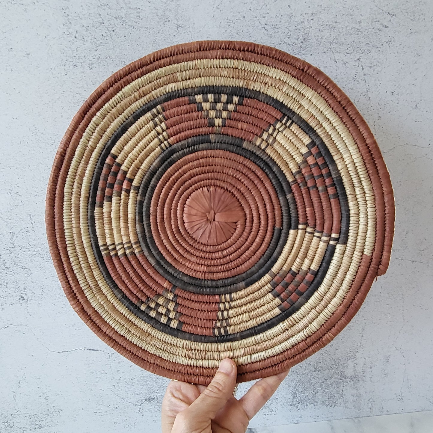 African Coiled Tribal Flat Basket – Handmade Wall Decor in Natural Earth Tones  – 11.5" Dia.