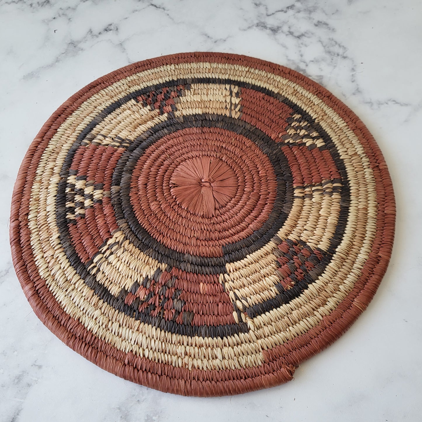 African Coiled Tribal Flat Basket – Handmade Wall Decor in Natural Earth Tones  – 11.5" Dia.