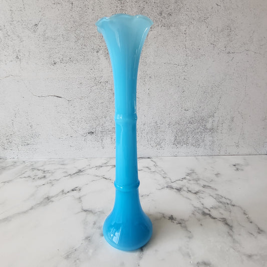 Mid Century Art Glass Blue Fluted Bud Vase