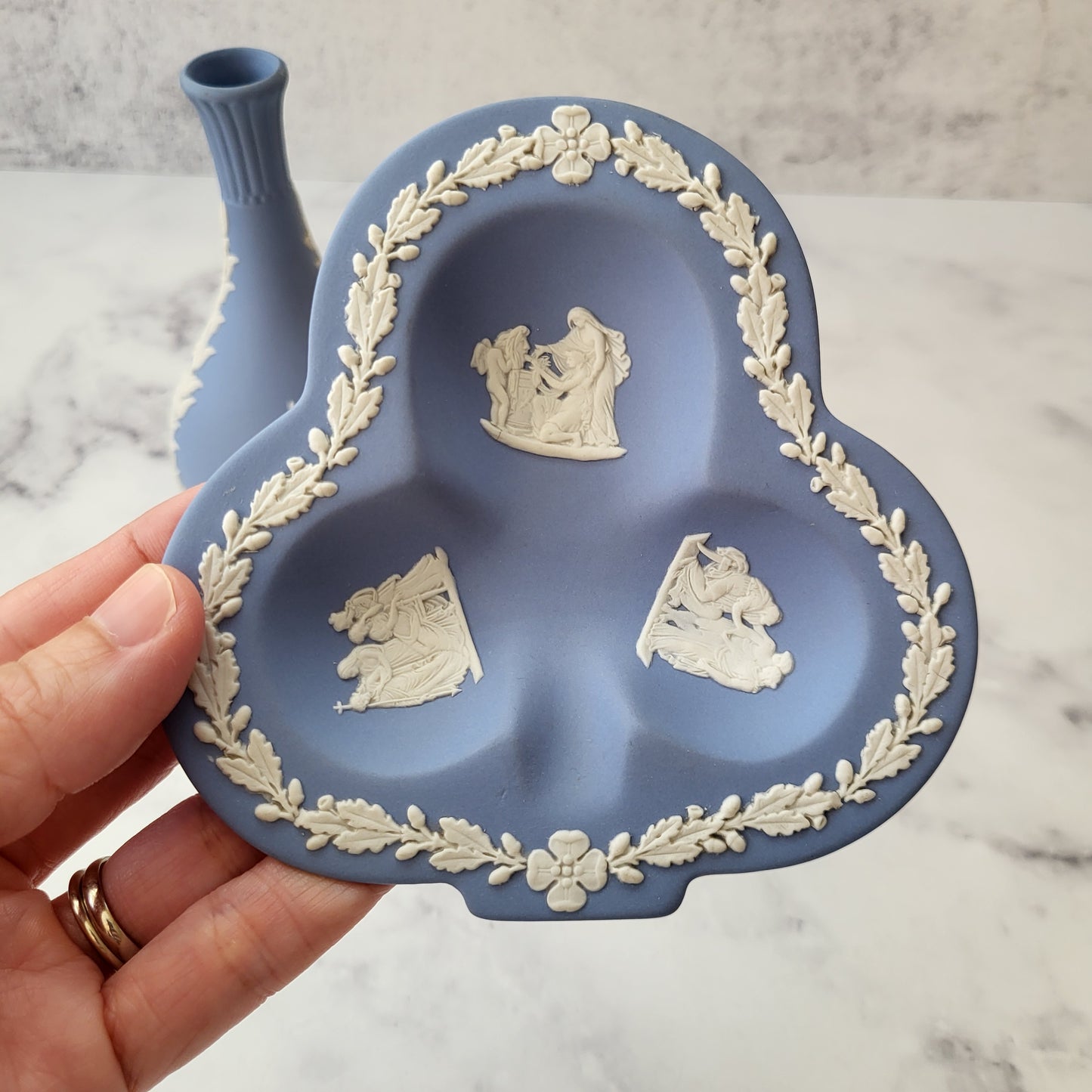 Vintage Wedgwood Blue Jasperware Clover Dish