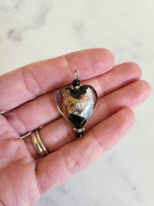 Handmade Murano Glass Heart Pendant with Gold and Silver Foil