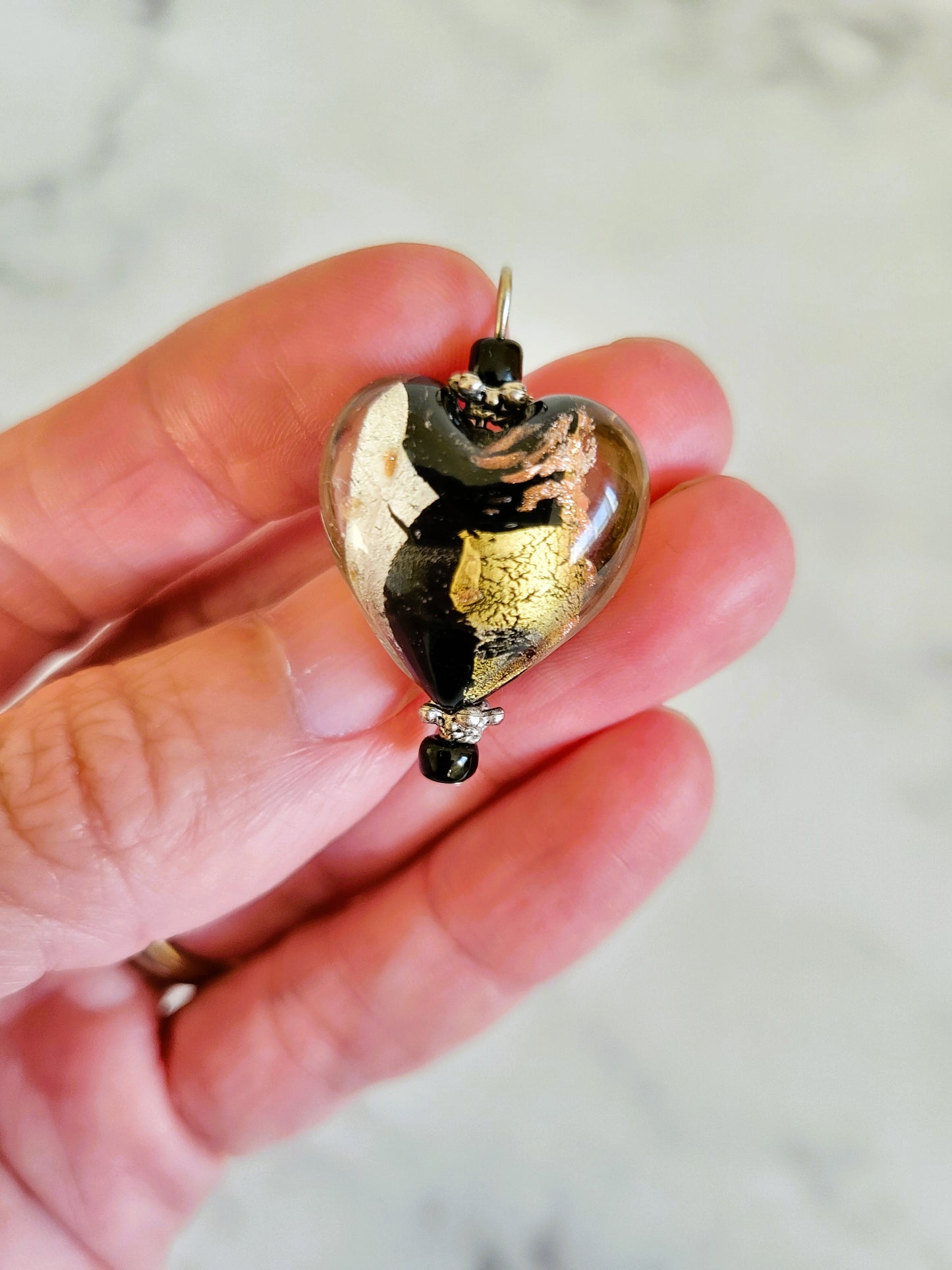 Handmade Murano Glass Heart Pendant with Gold and Silver Foil