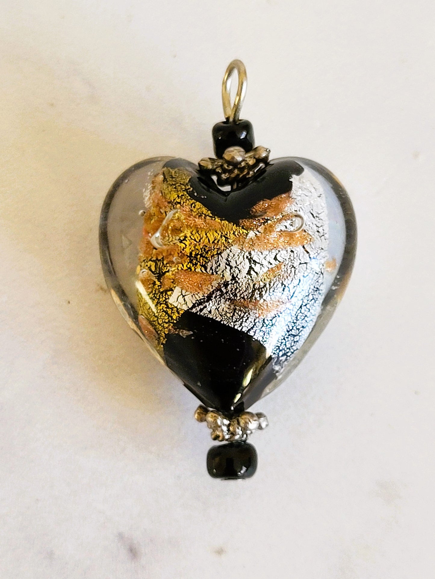 Handmade Murano Glass Heart Pendant with Gold and Silver Foil