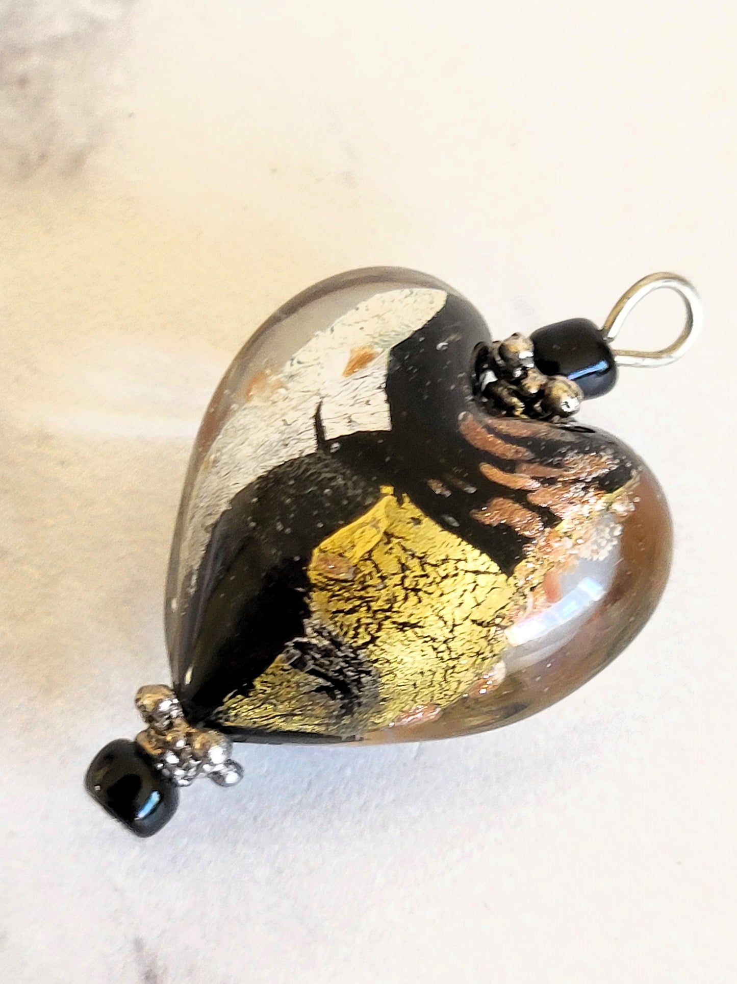 Handmade Murano Glass Heart Pendant with Gold and Silver Foil