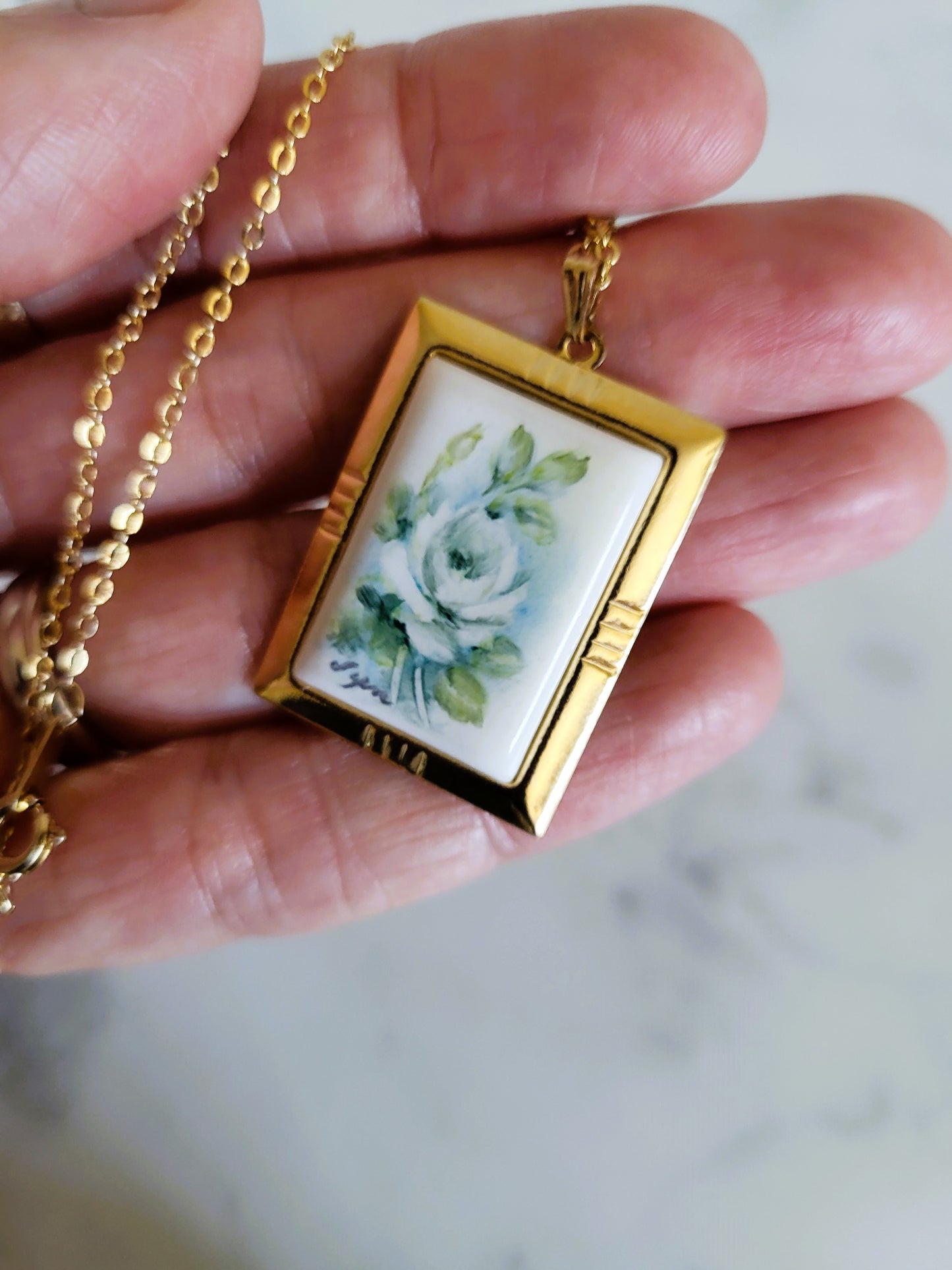 Vintage Floral Porcelain Style Pendant with 18" Chain