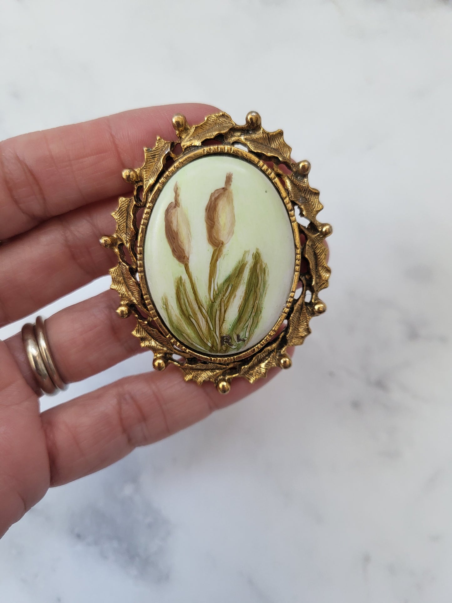 Vintage Artist Signed RL Porcelain Floral Brooch