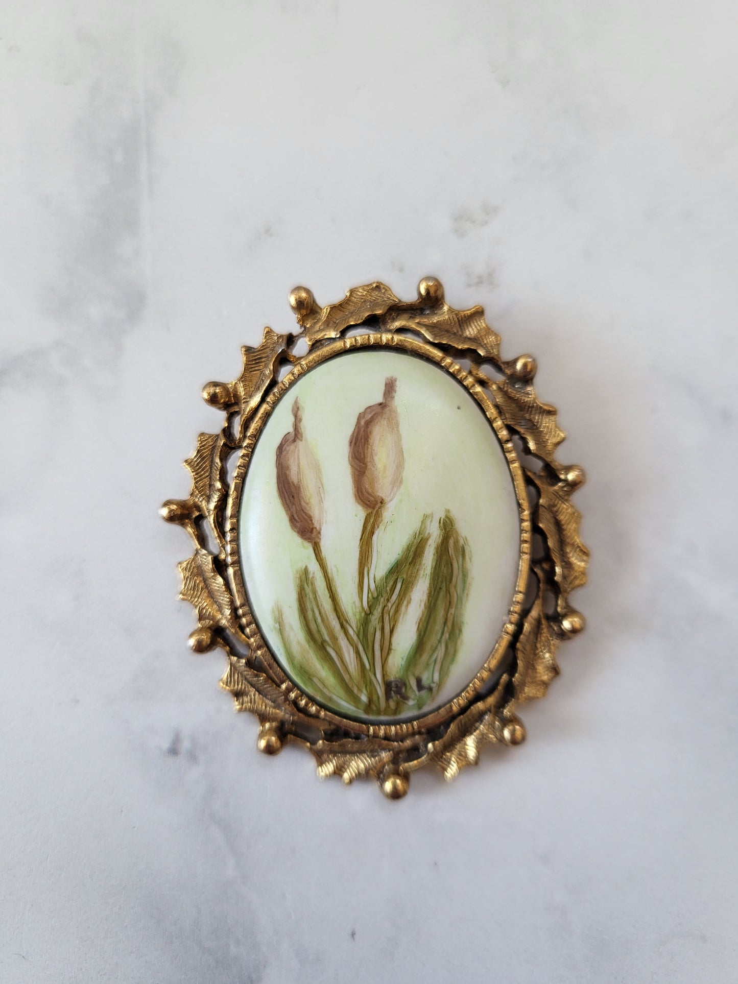 Vintage Artist Signed RL Porcelain Floral Brooch