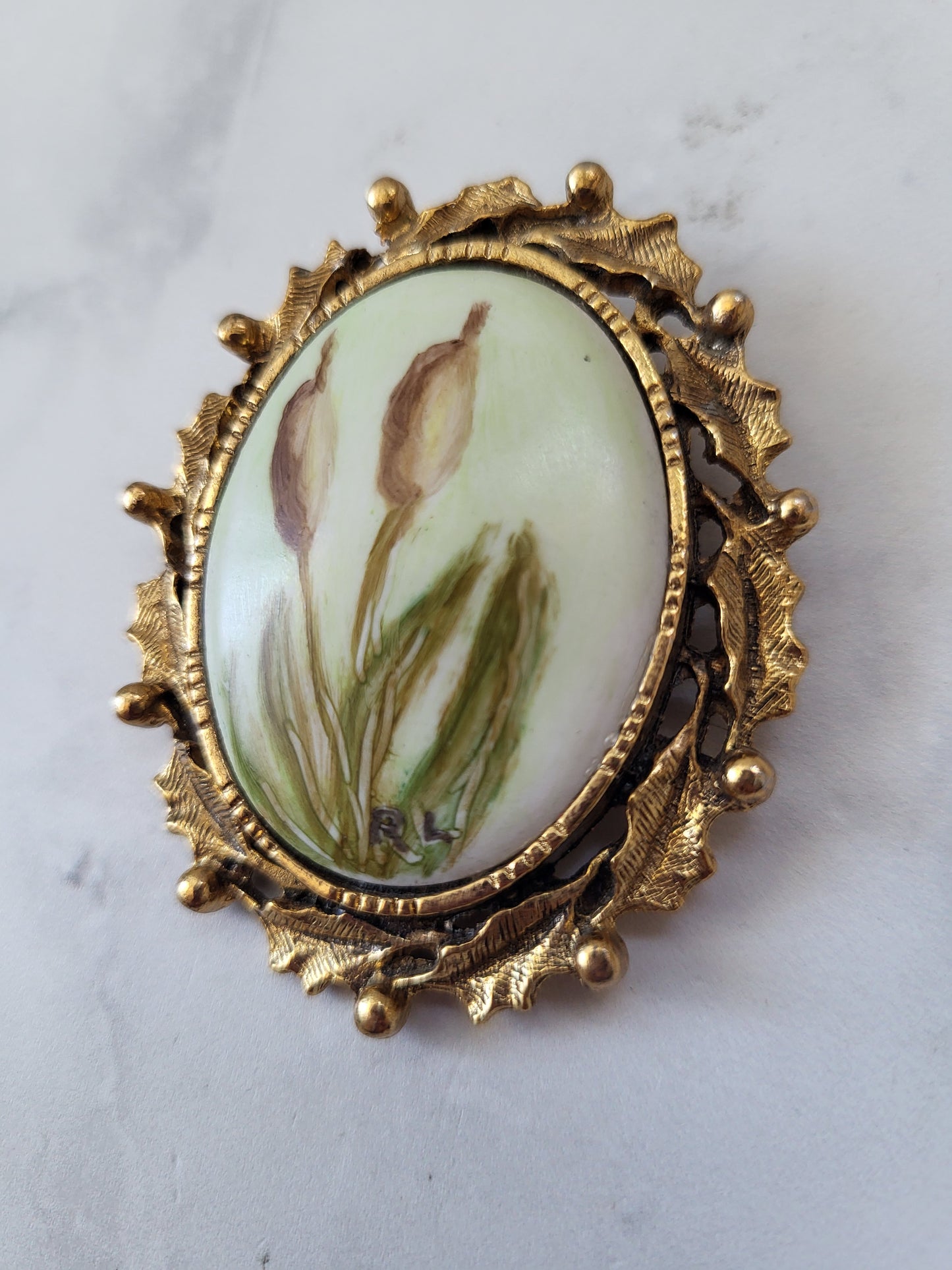 Vintage Artist Signed RL Porcelain Floral Brooch