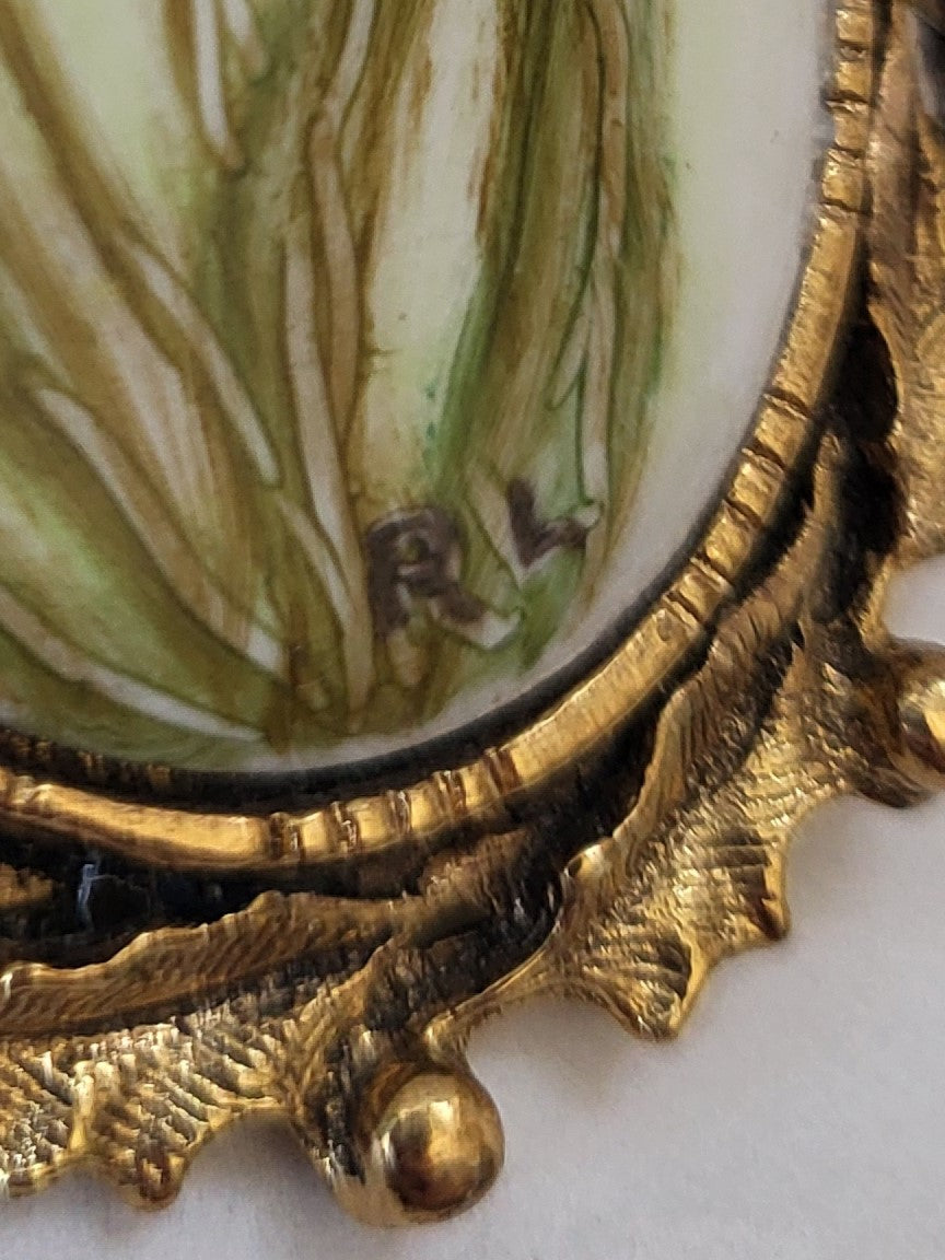 Vintage Artist Signed RL Porcelain Floral Brooch