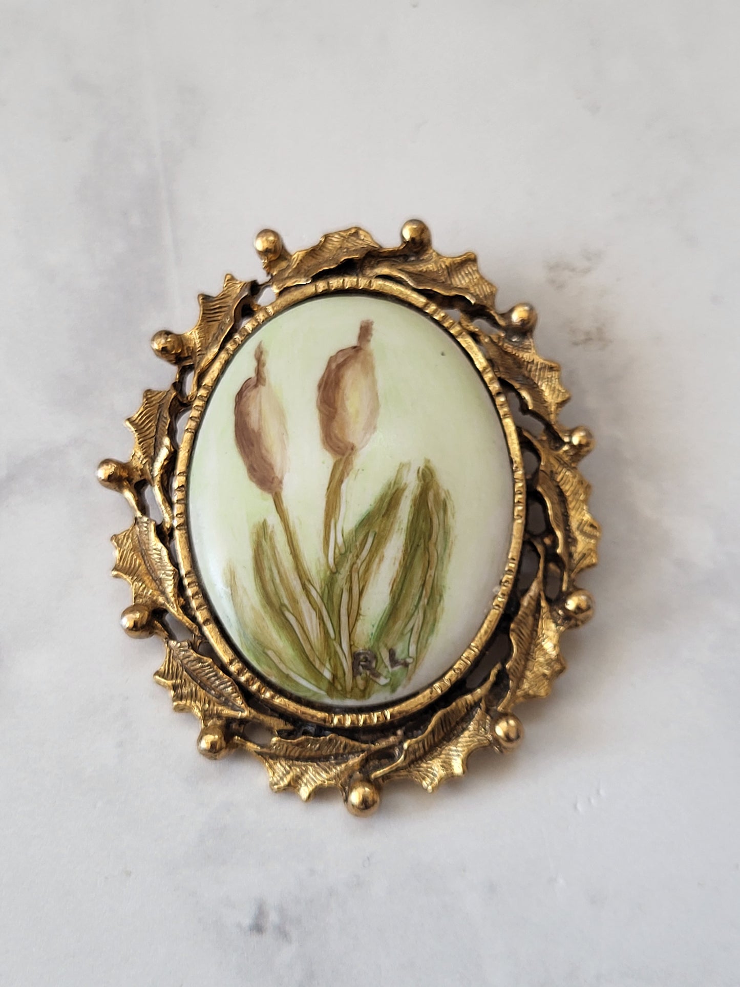 Vintage Artist Signed RL Porcelain Floral Brooch